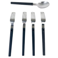 1970s Set of Four Black Forks + One Spoon MCM Flatware Style Raymond Loewy
