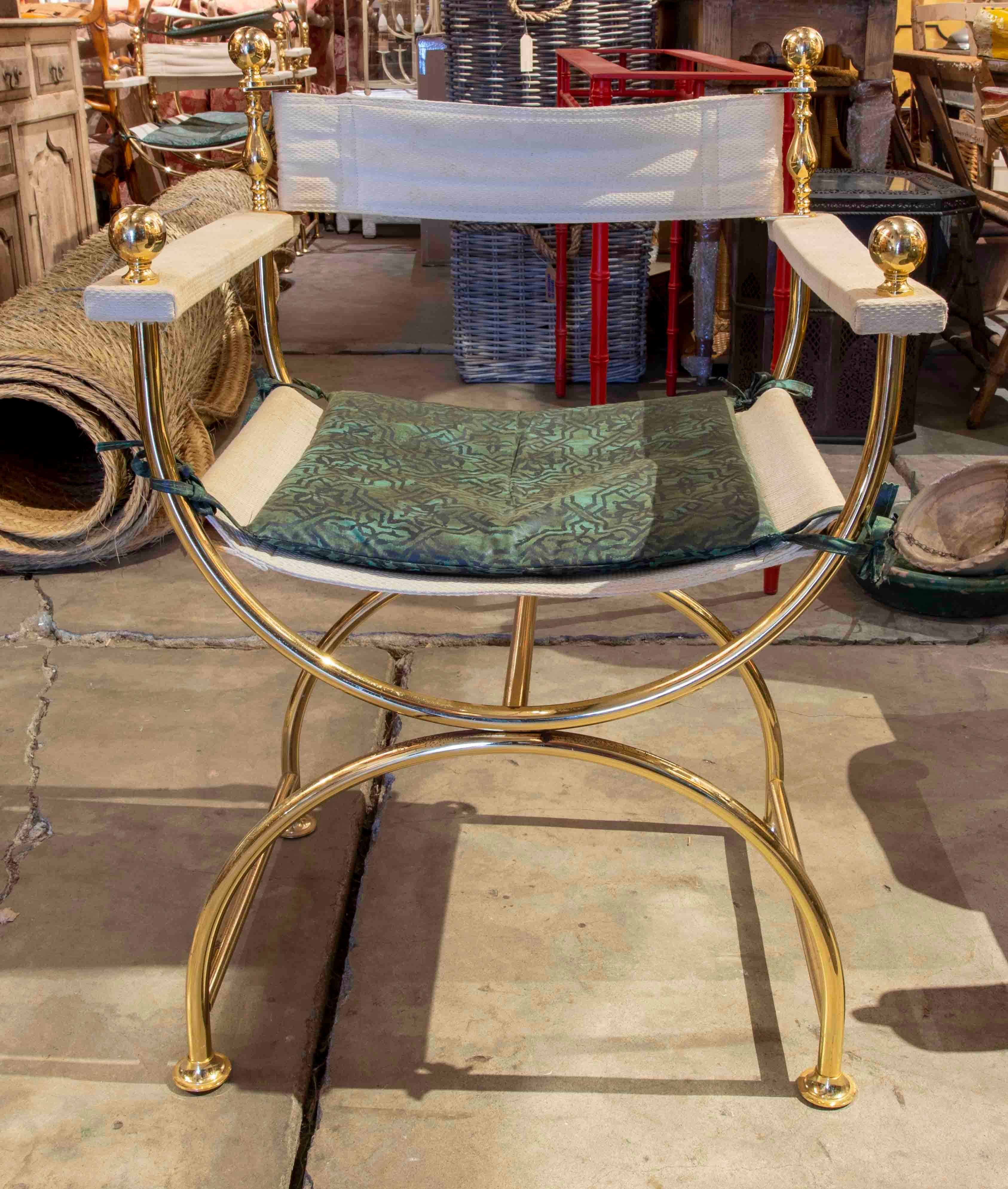Spanish 1970s Set of Four Brass Armchairs with Fabric Seat and Backrest For Sale