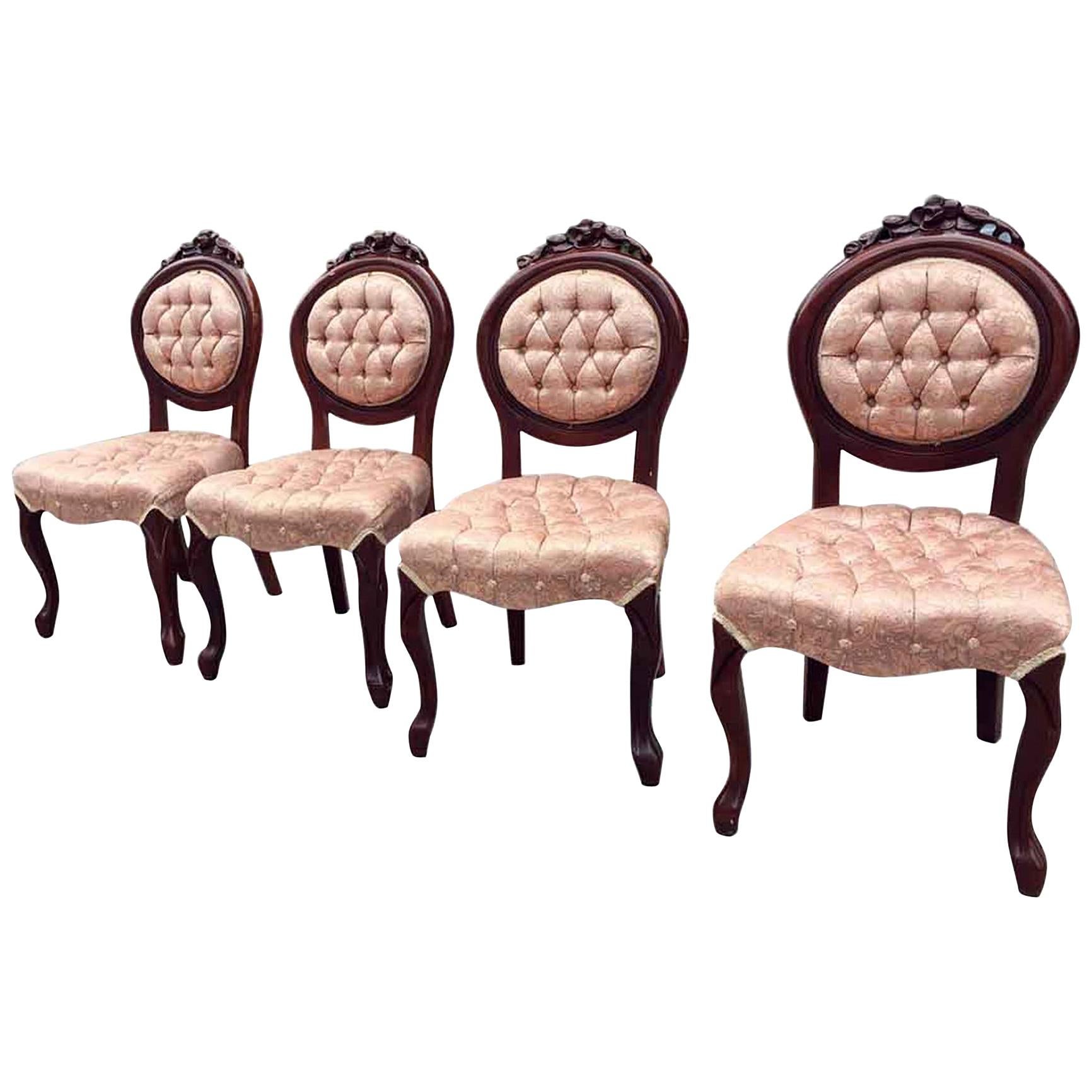 1970s Set of Four Carved French Dining Chairs with Tufted Pink Silk Upholstery