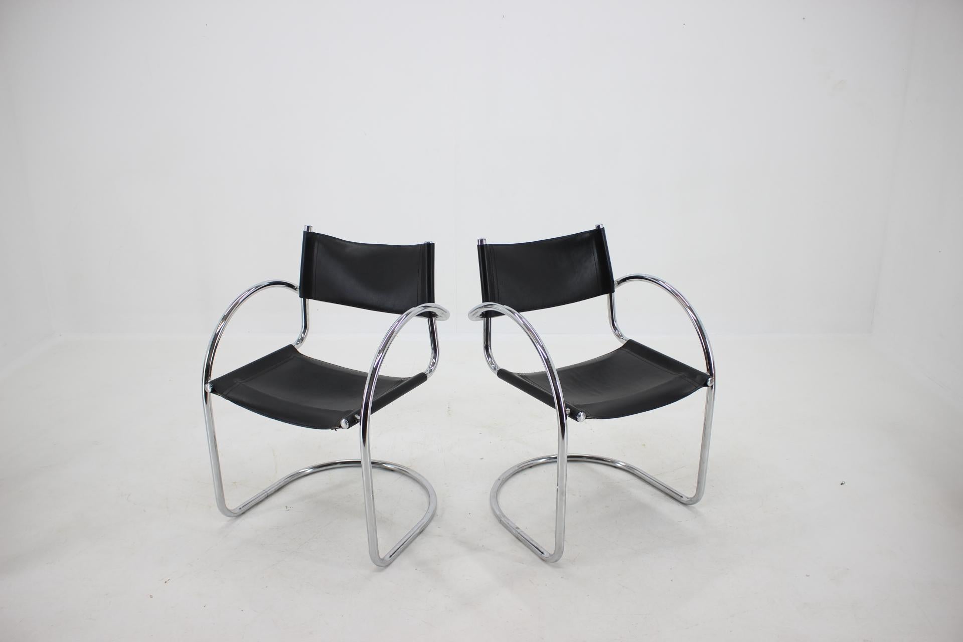 Mid-Century Modern 1970s Set of Four Chrome and Leather Tubular Chairs, Czechoslovakia For Sale