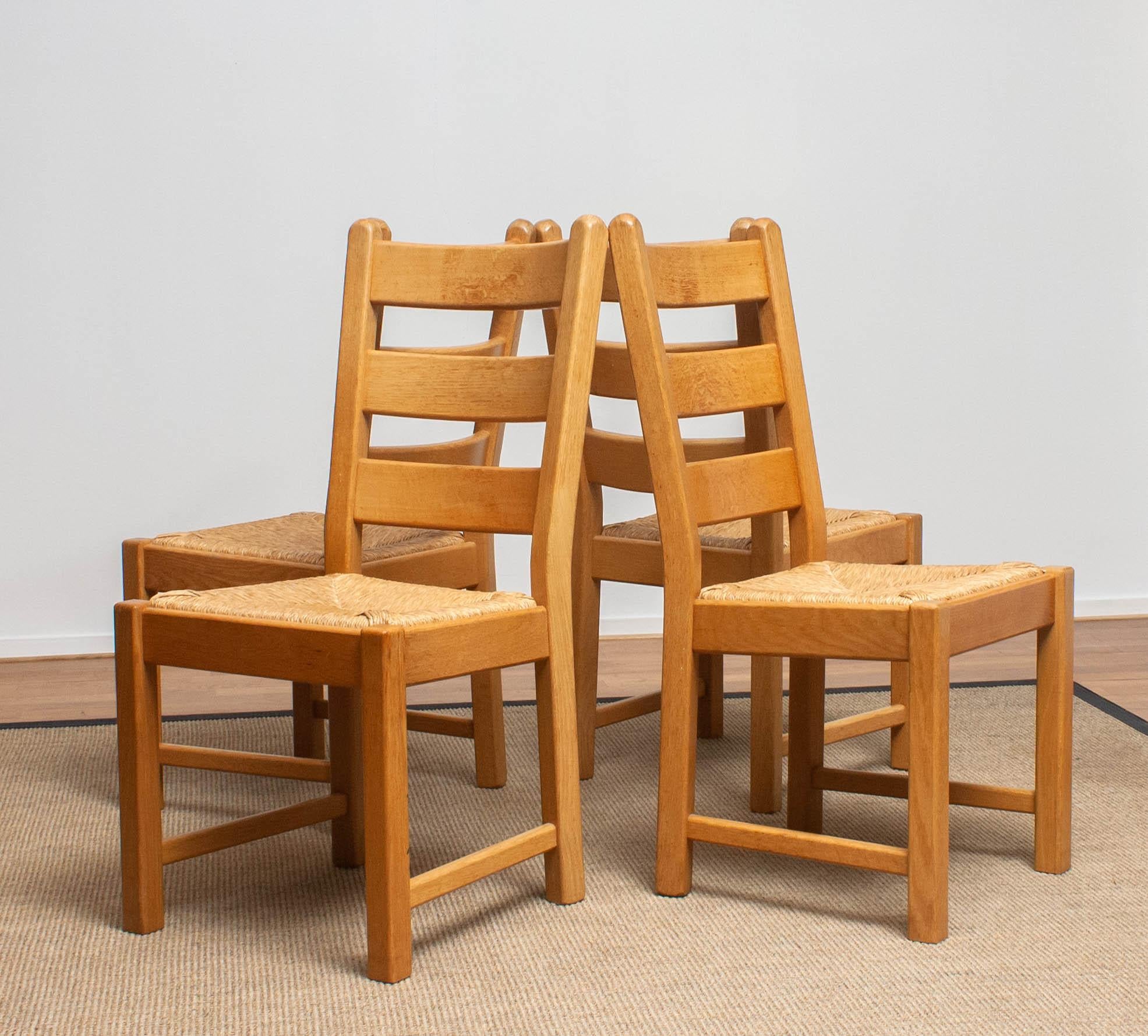 1970s, Set of Four Dutch Oak Ladder Back Dining Chairs with Wicker Seat 7