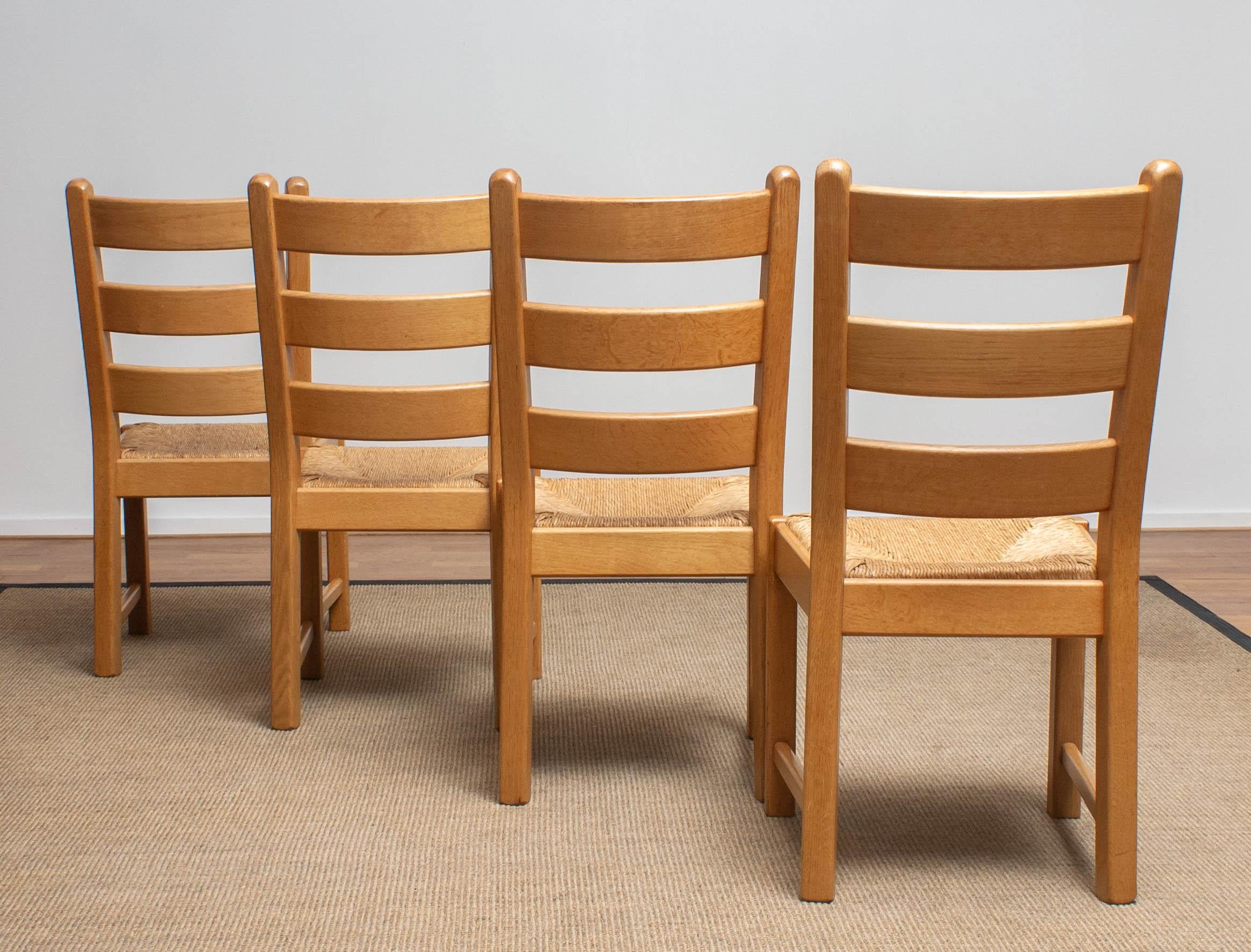 1970s, Set of Four Dutch Oak Ladder Back Dining Chairs with Wicker Seat 8