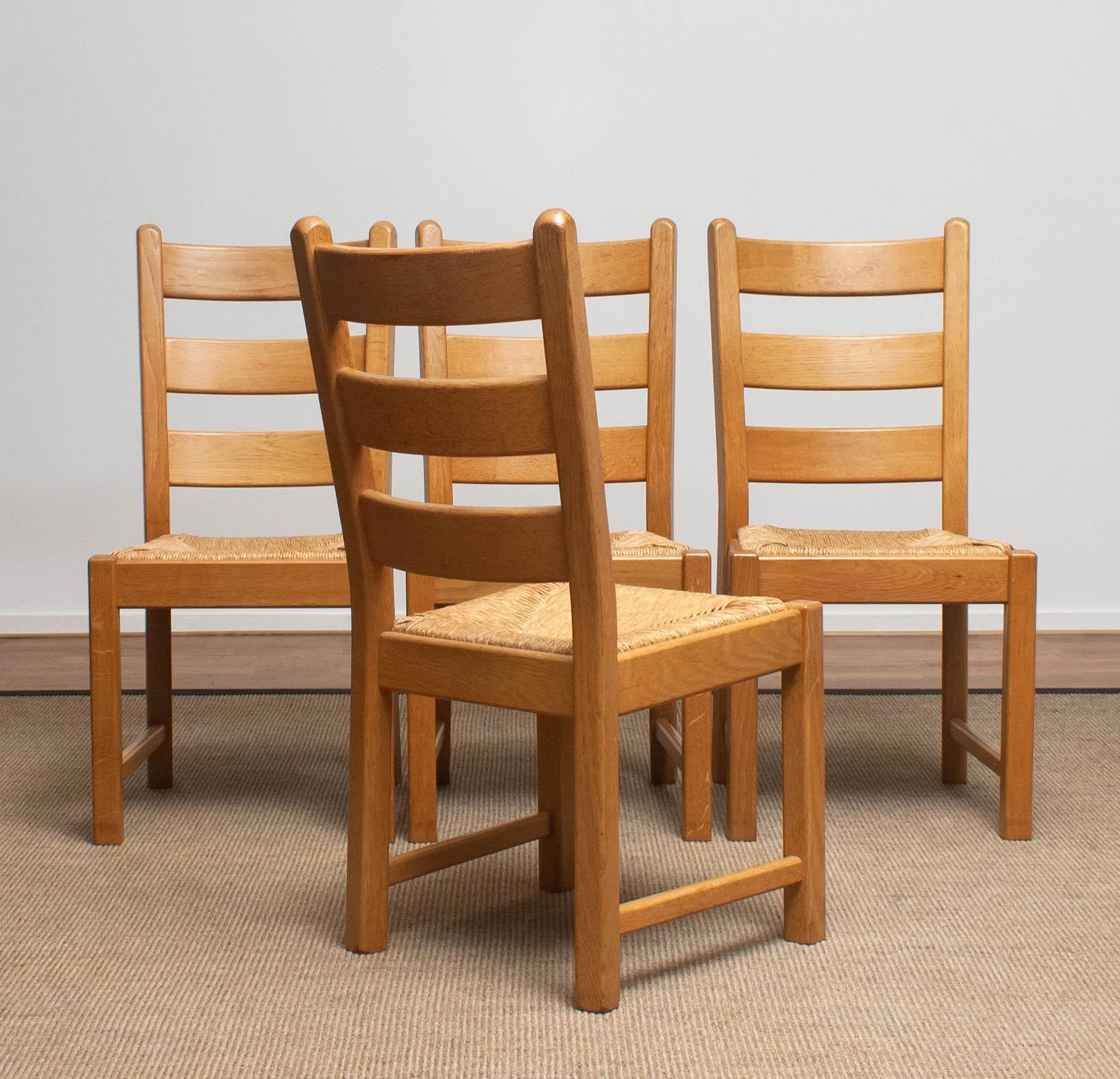 1970s, Set of Four Dutch Oak Ladder Back Dining Chairs with Wicker Seat 8