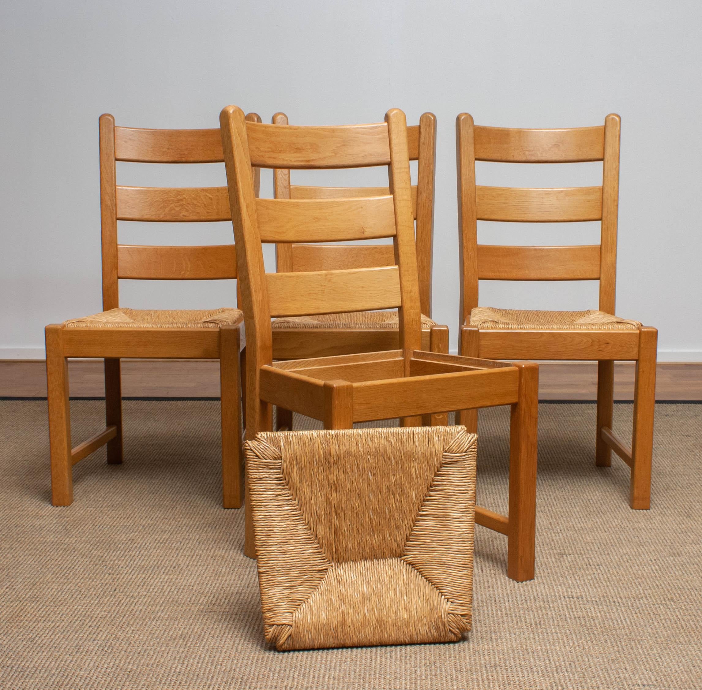 1970s, Set of Four Dutch Oak Ladder Back Dining Chairs with Wicker Seat 12