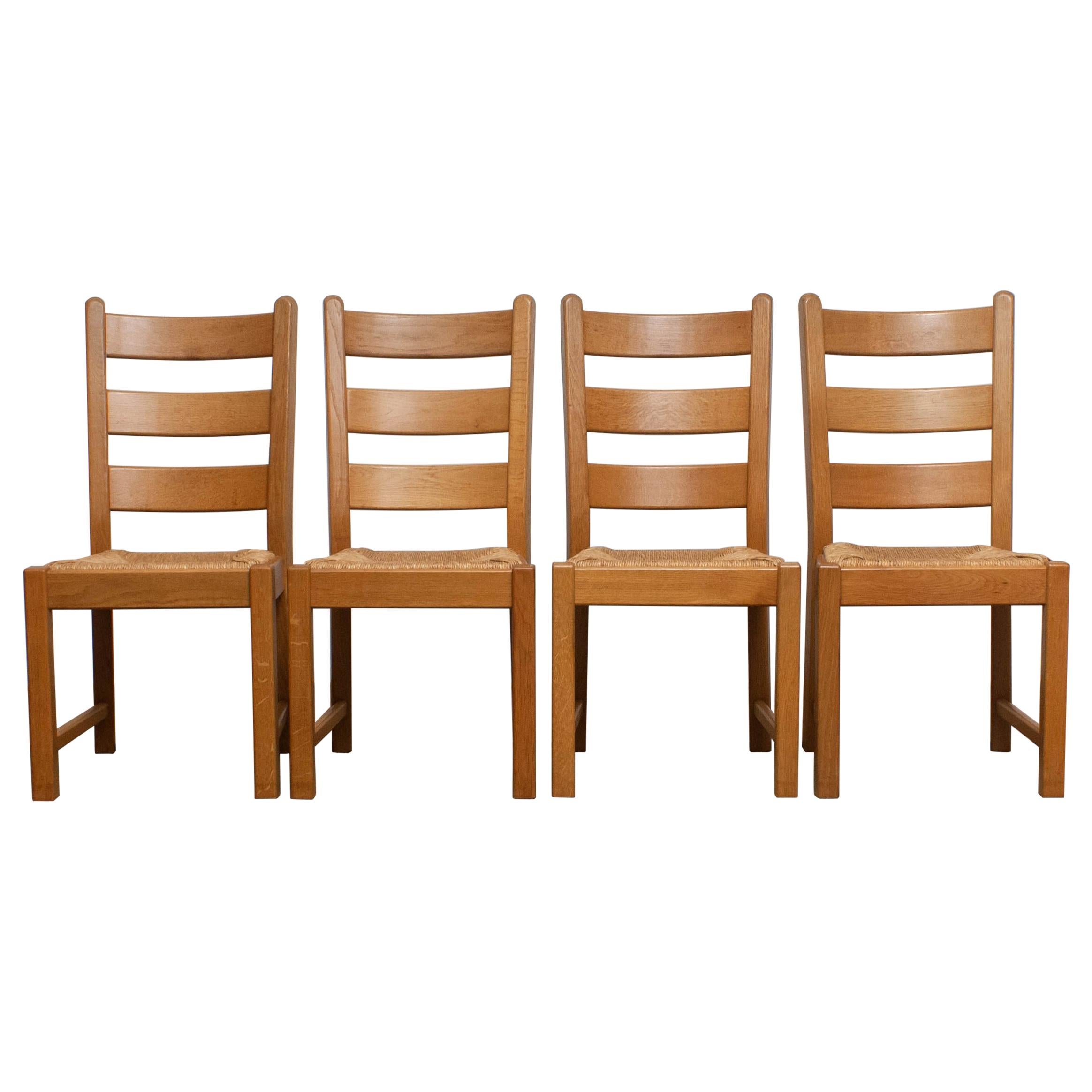 Bohemian 1970s, Set of Four Dutch Oak Ladder Back Dining Chairs with Wicker Seat