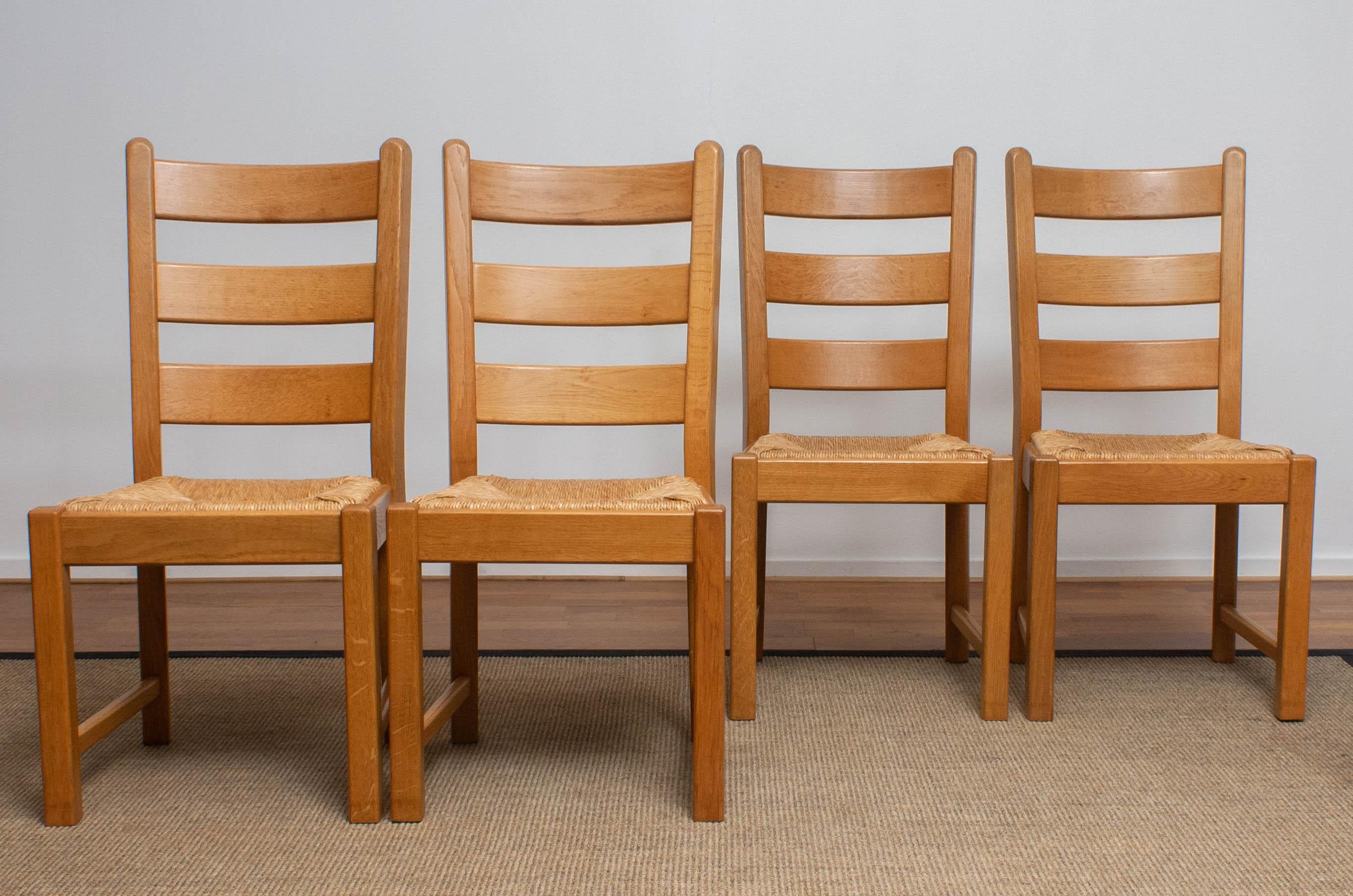 Late 20th Century 1970s, Set of Four Dutch Oak Ladder Back Dining Chairs with Wicker Seat