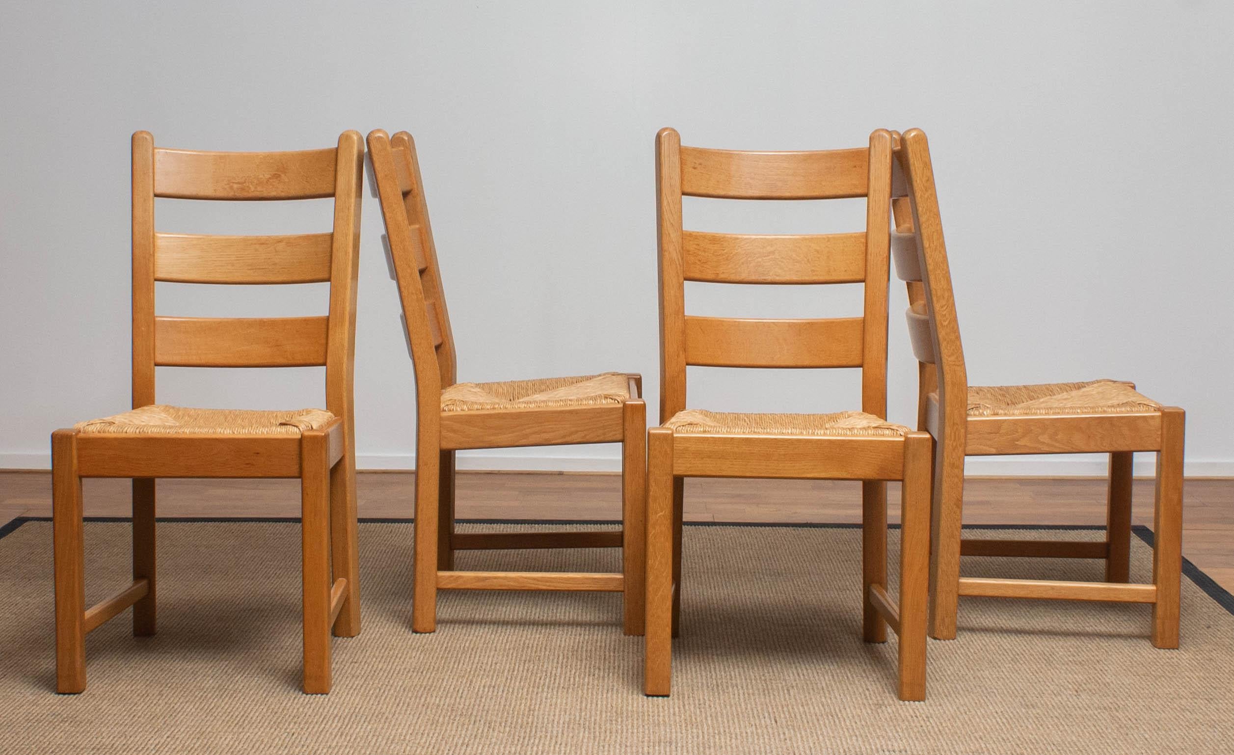 Late 20th Century 1970s, Set of Four Dutch Oak Ladder Back Dining Chairs with Wicker Seat