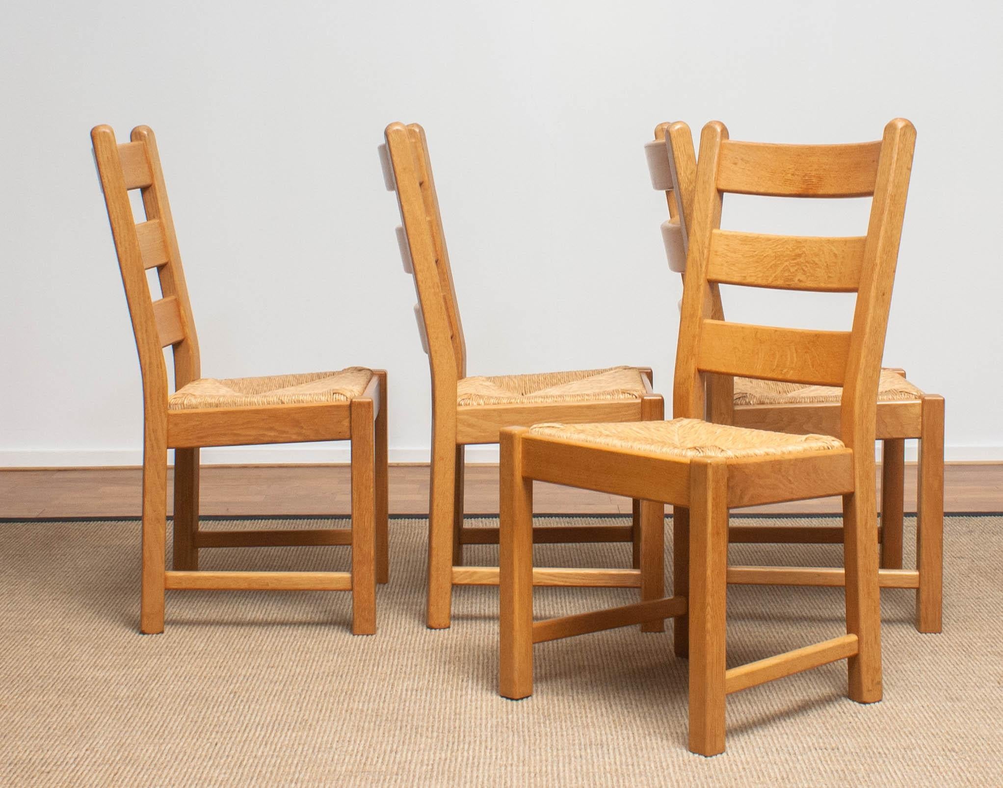 1970s, Set of Four Dutch Oak Ladder Back Dining Chairs with Wicker Seat 4