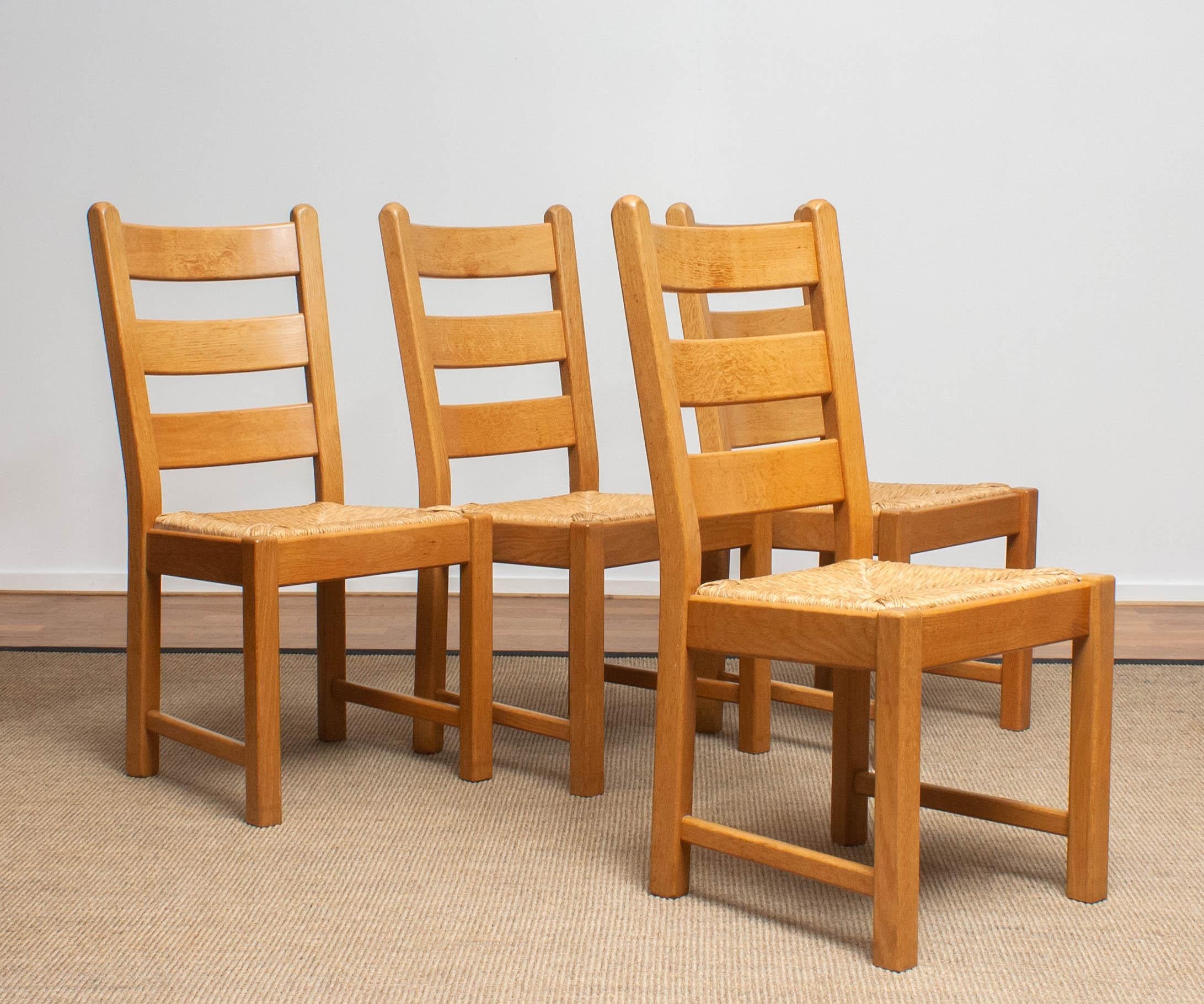 1970s, Set of Four Dutch Oak Ladder Back Dining Chairs with Wicker Seat 4