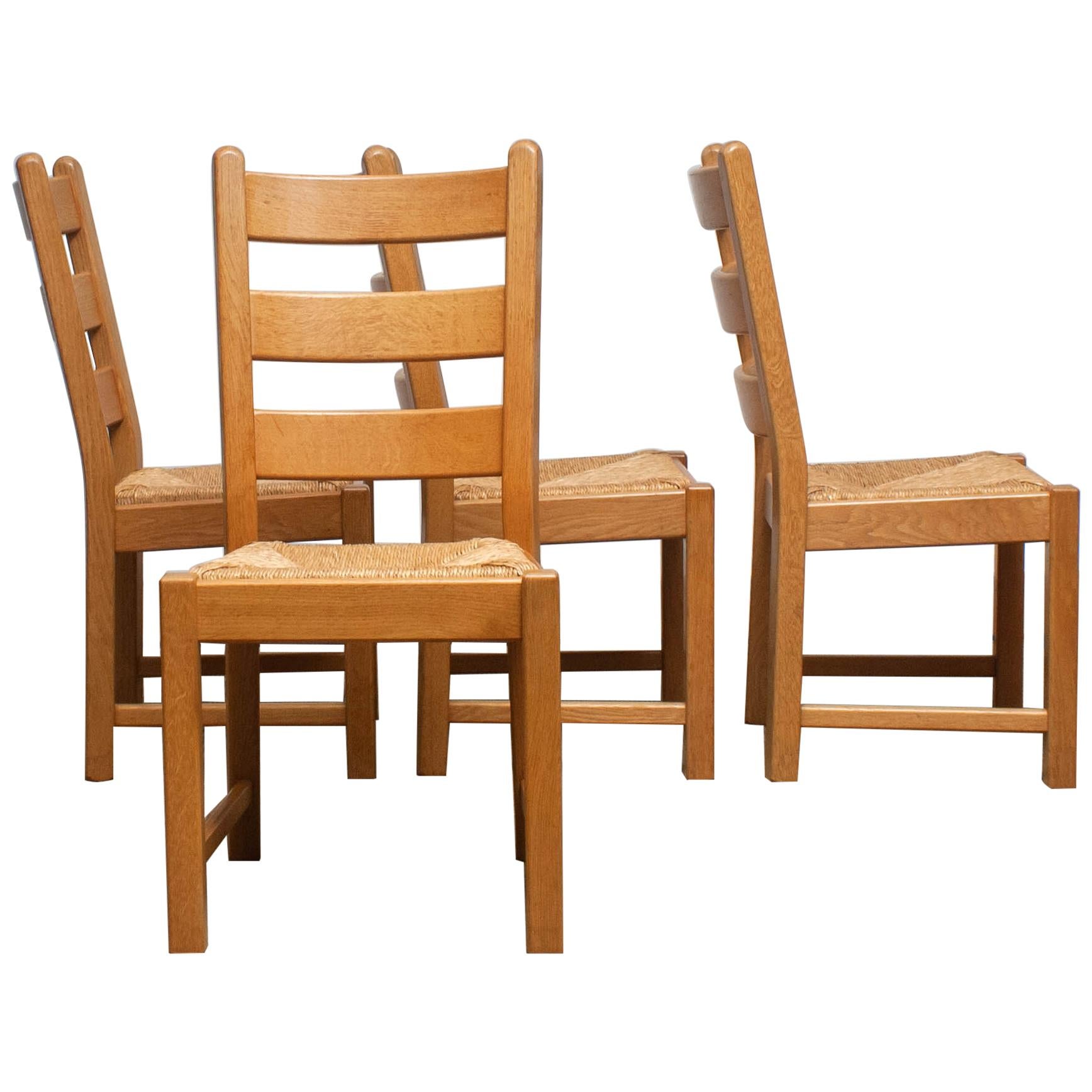 1970s, Set of Four Dutch Oak Ladder Back Dining Chairs with Wicker Seat