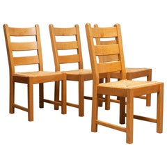 1970s, Set of Four Dutch Oak Ladder Back Dining Chairs with Wicker Seat