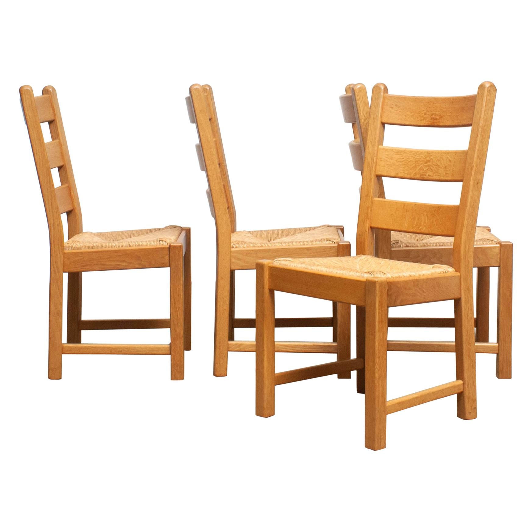 1970s, Set of Four Dutch Oak Ladder Back Dining Chairs with Wicker Seat