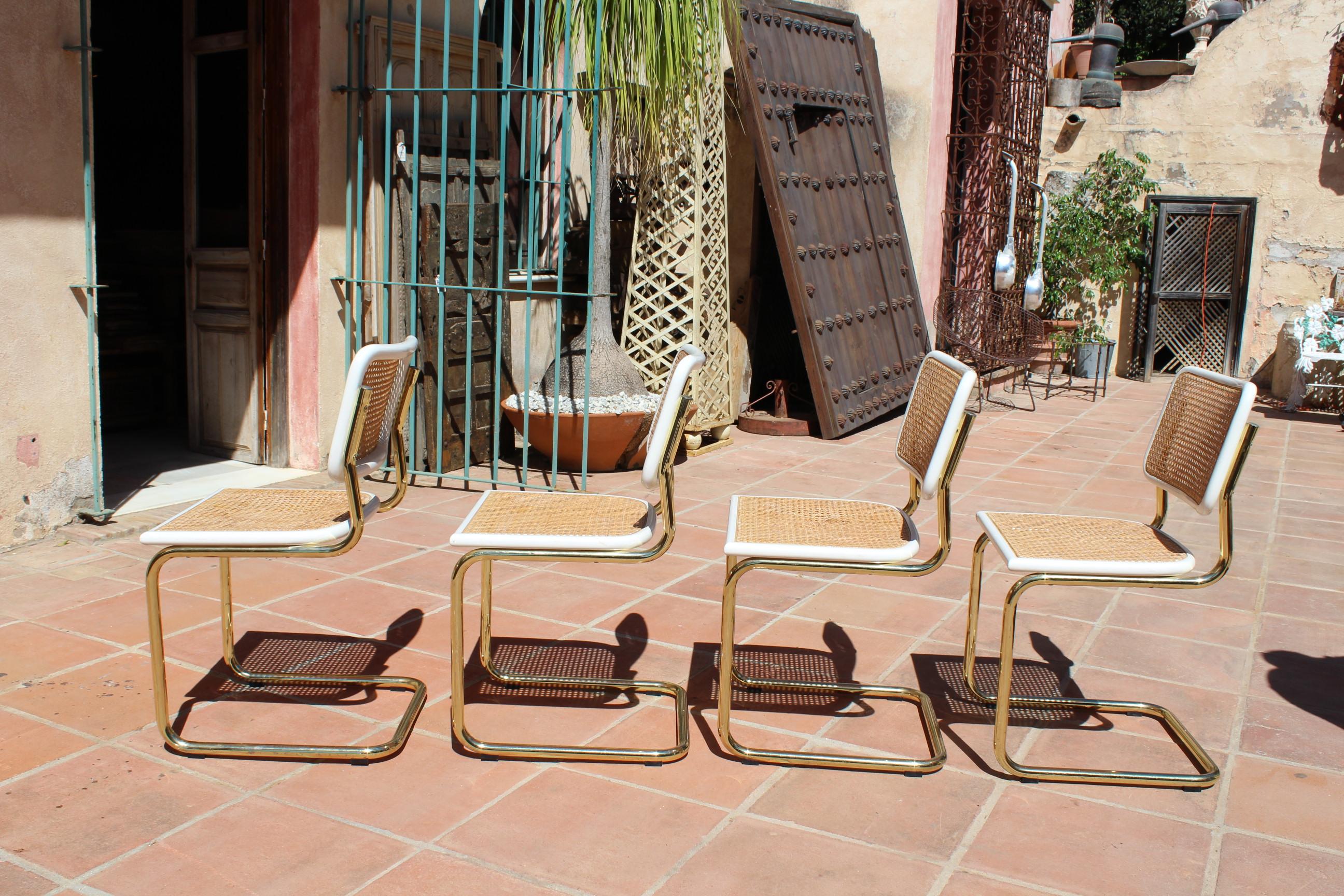 French 1970s Set of Four Marcel Breuer Cane and Gold Chrome 