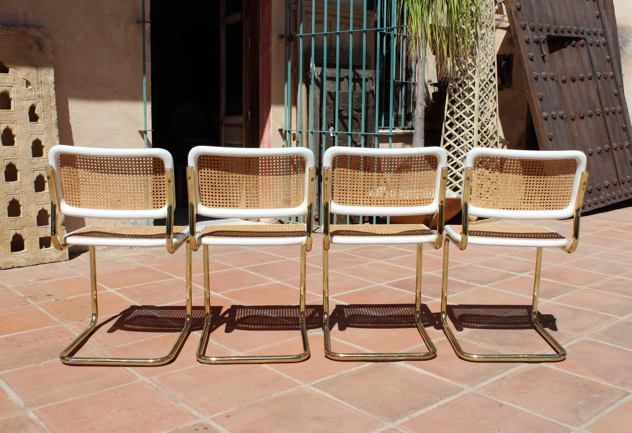 20th Century 1970s Set of Four Marcel Breuer Cane and Gold Chrome 