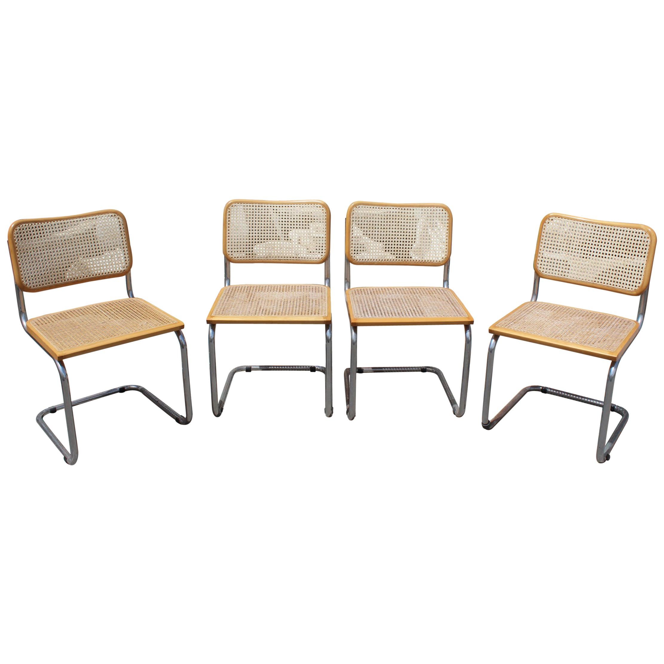 1970s Set of Four Marcel Breuer Cane and Wicker Chrome "Cesca" Chairs