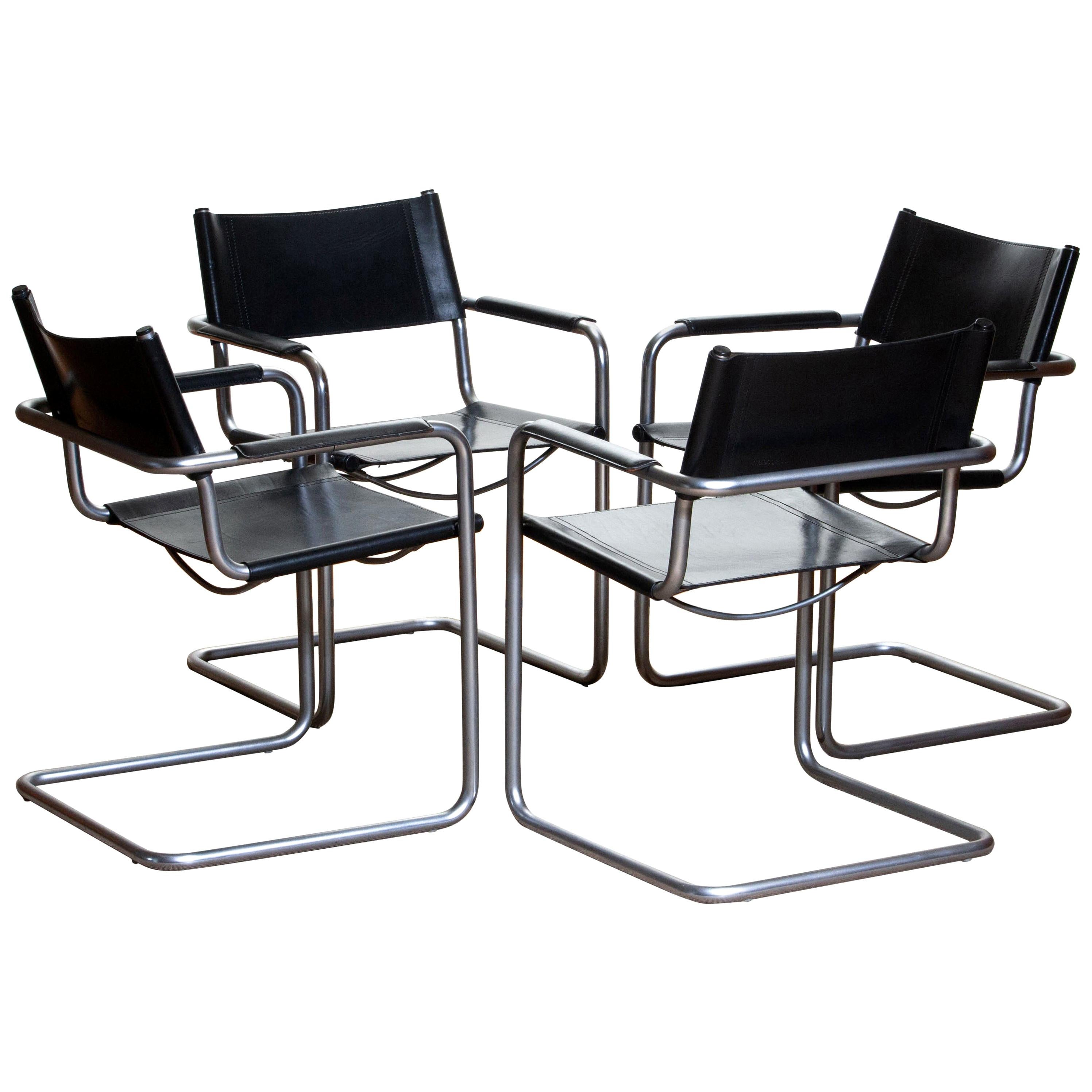 Mid-Century Modern 1970s, Set of Four MG5 Black Leather Dining / Office Chairs by Matteo Grassi