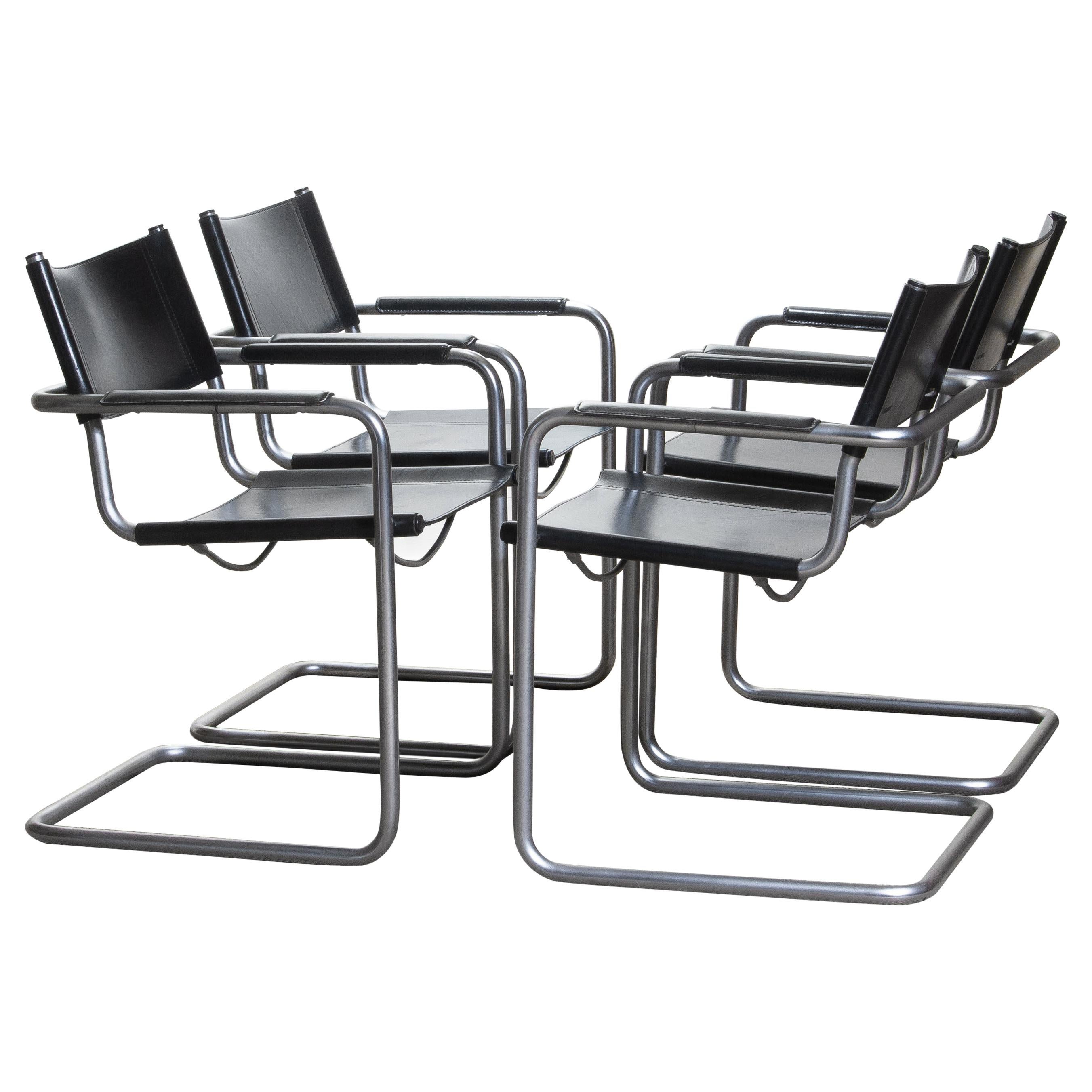 Italian 1970s, Set of Four MG5 Black Leather Dining / Office Chairs by Matteo Grassi