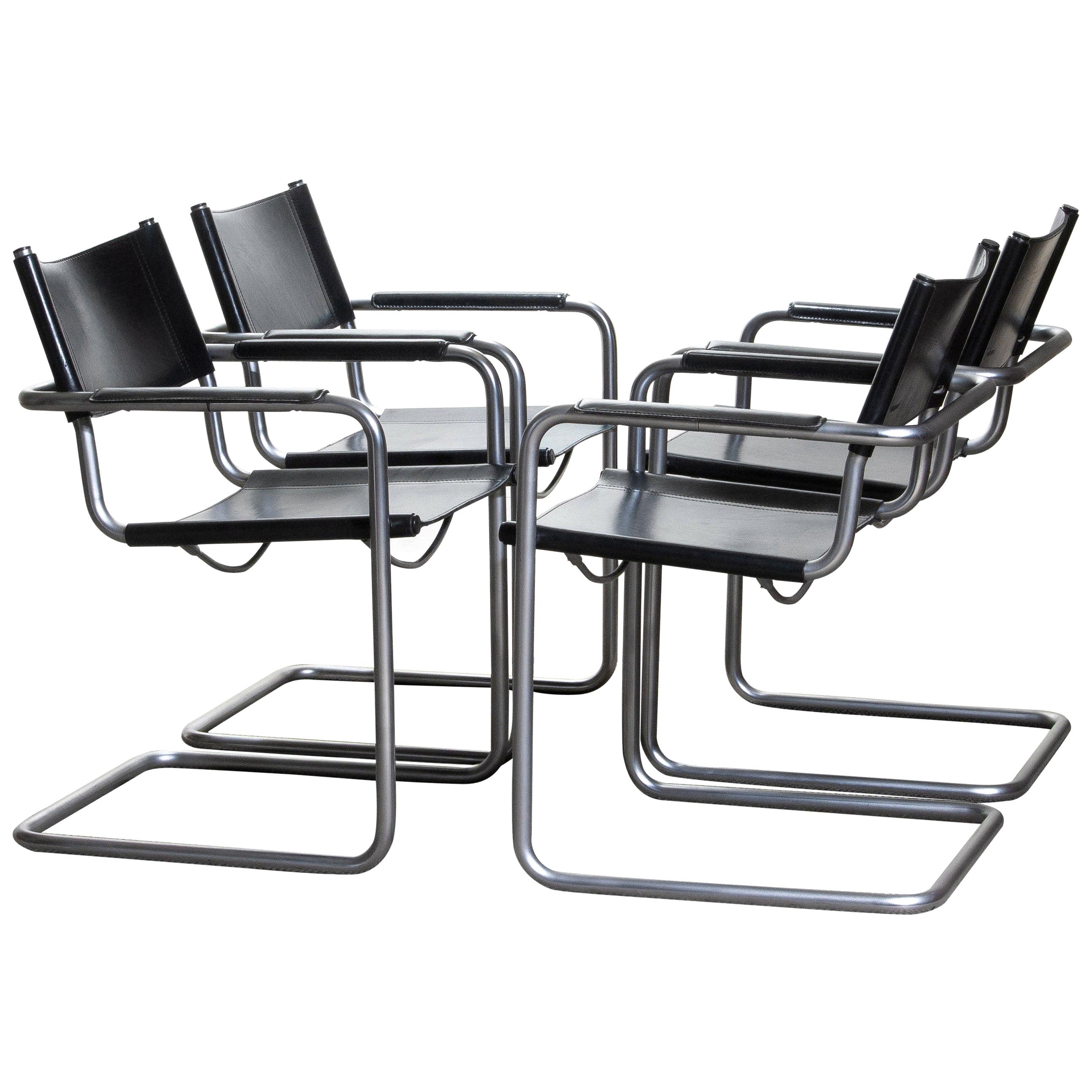 Italian 1970s, Set of Four MG5 Black Leather Dining / Office Chairs by Matteo Grassi