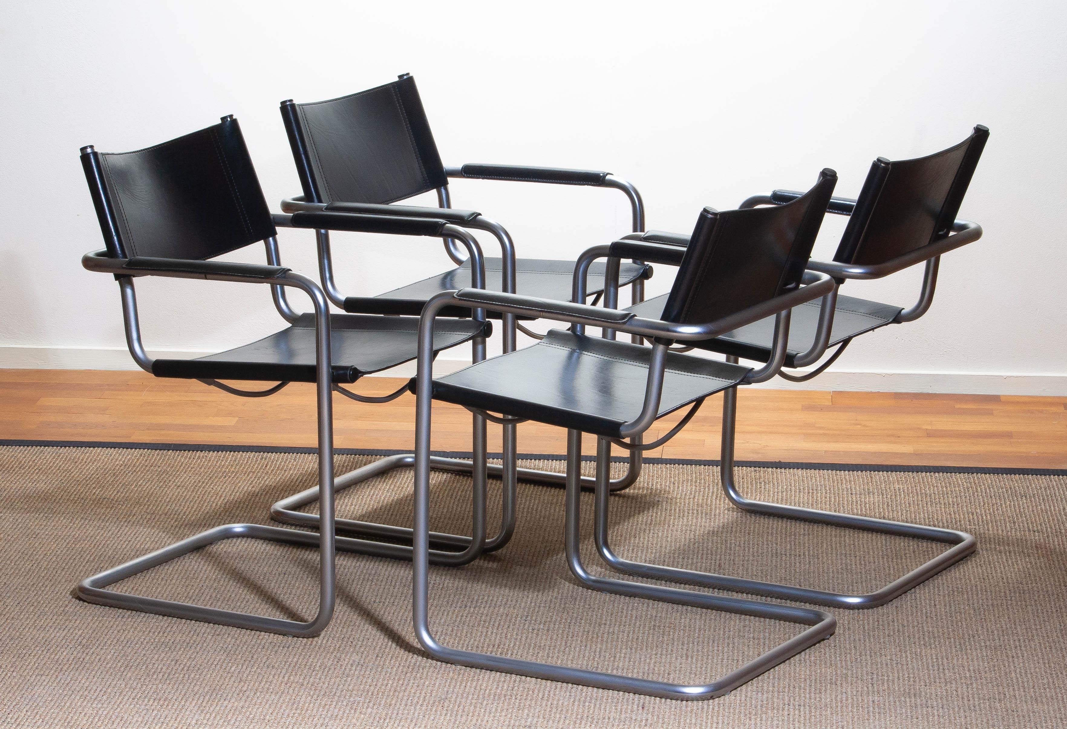 Late 20th Century 1970s, Set of Four MG5 Black Leather Dining / Office Chairs by Matteo Grassi