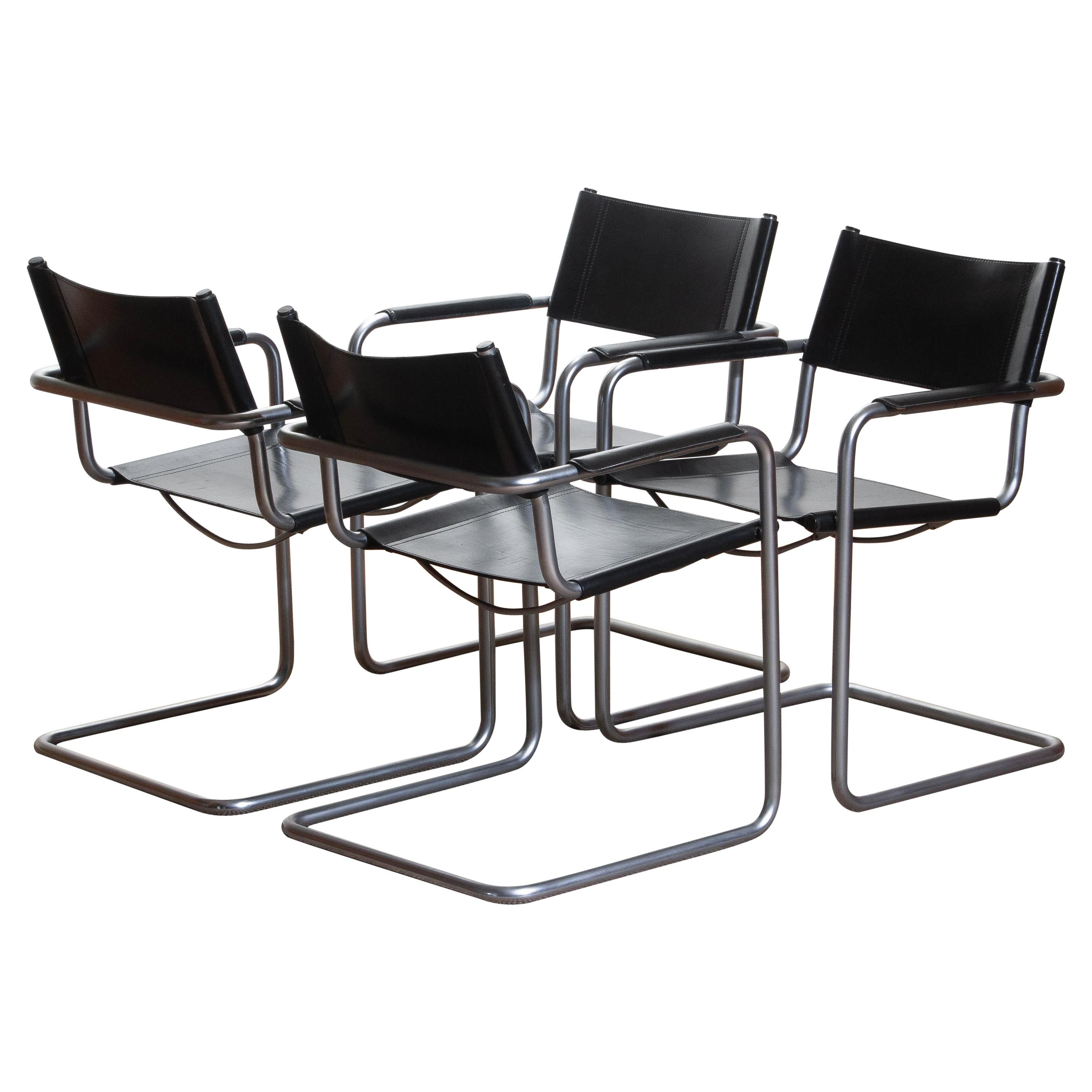 Late 20th Century 1970s, Set of Four MG5 Black Leather Dining / Office Chairs by Matteo Grassi