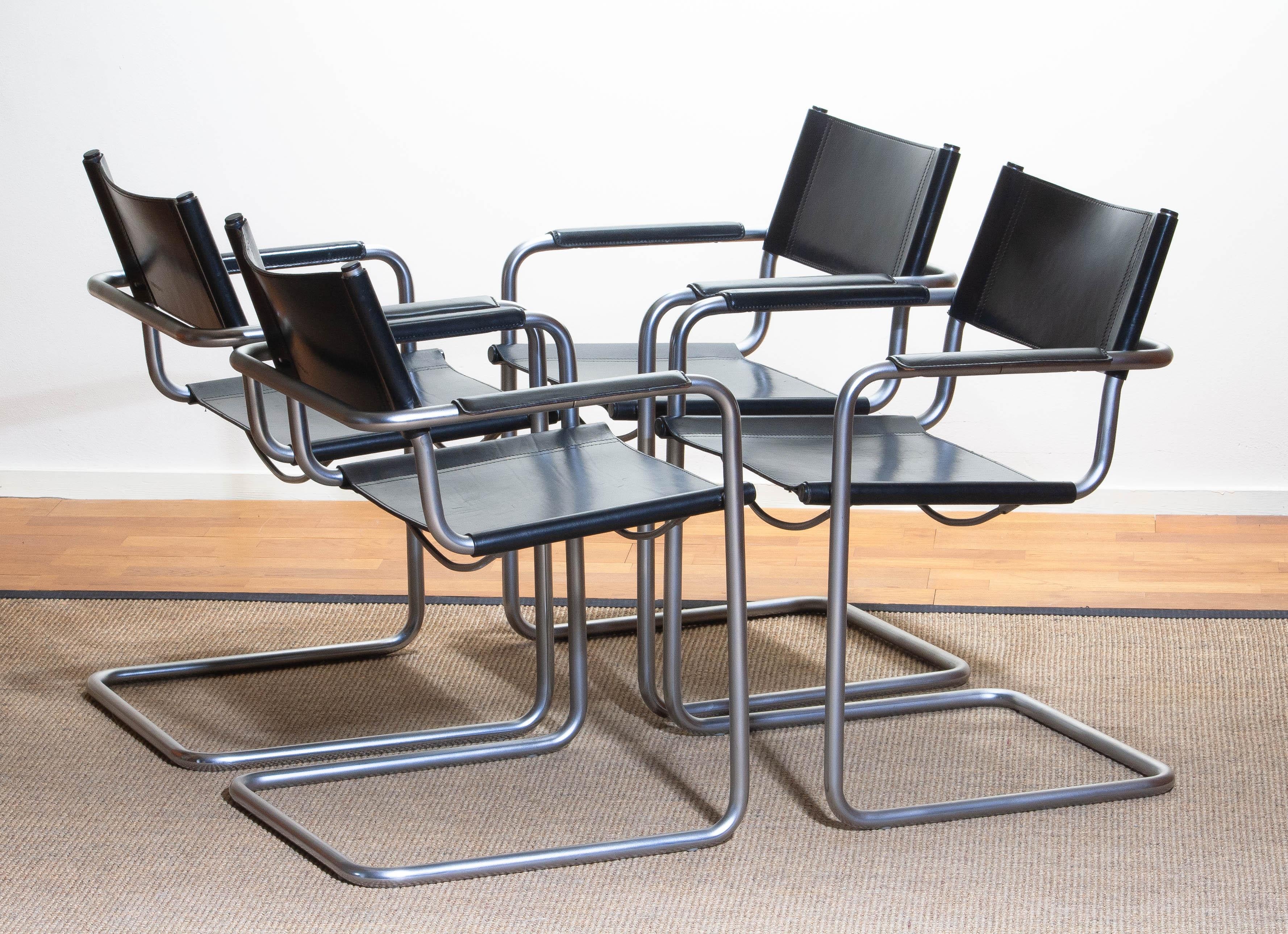 Steel 1970s, Set of Four MG5 Black Leather Dining / Office Chairs by Matteo Grassi