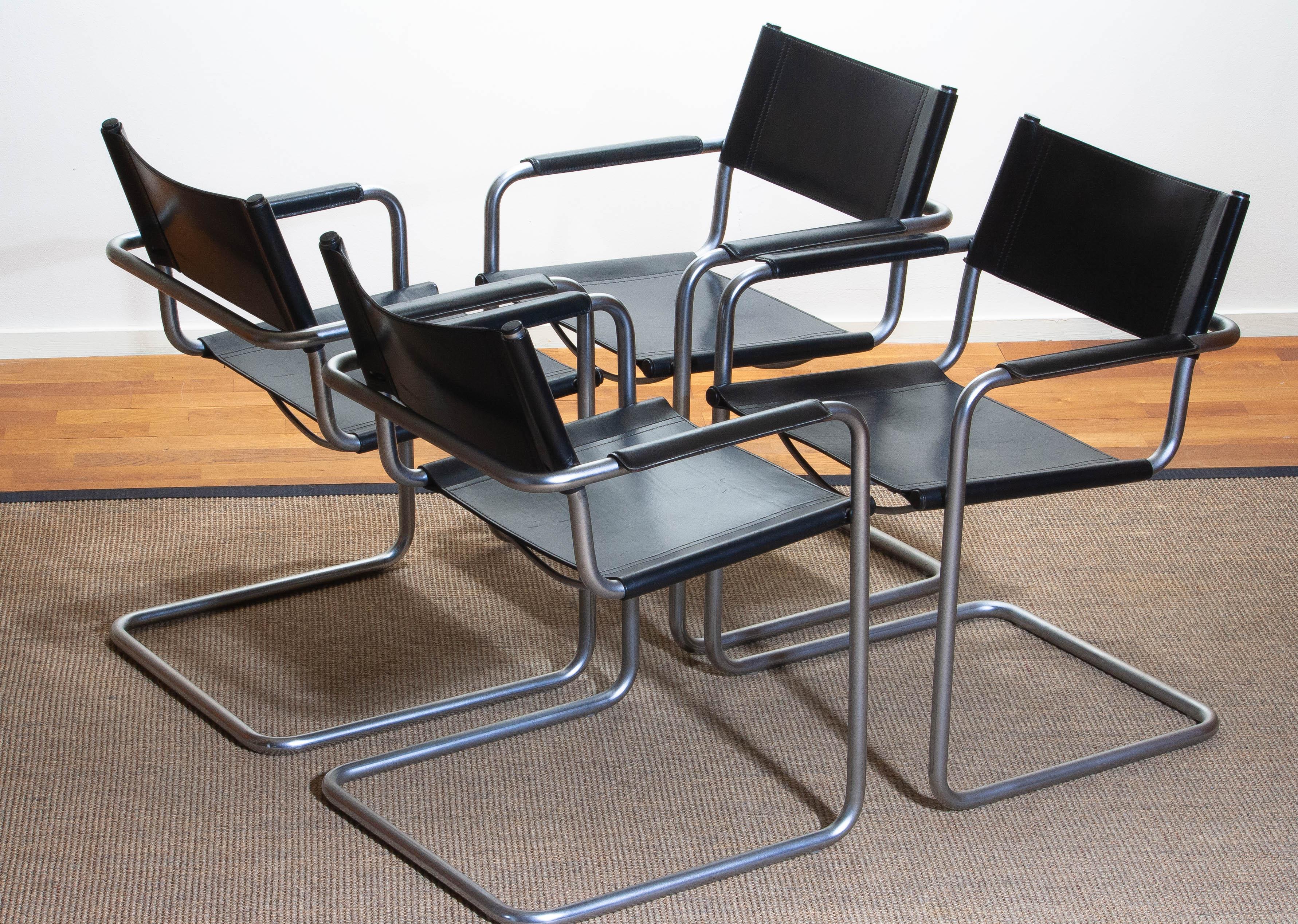 Steel 1970s, Set of Four MG5 Black Leather Dining / Office Chairs by Matteo Grassi