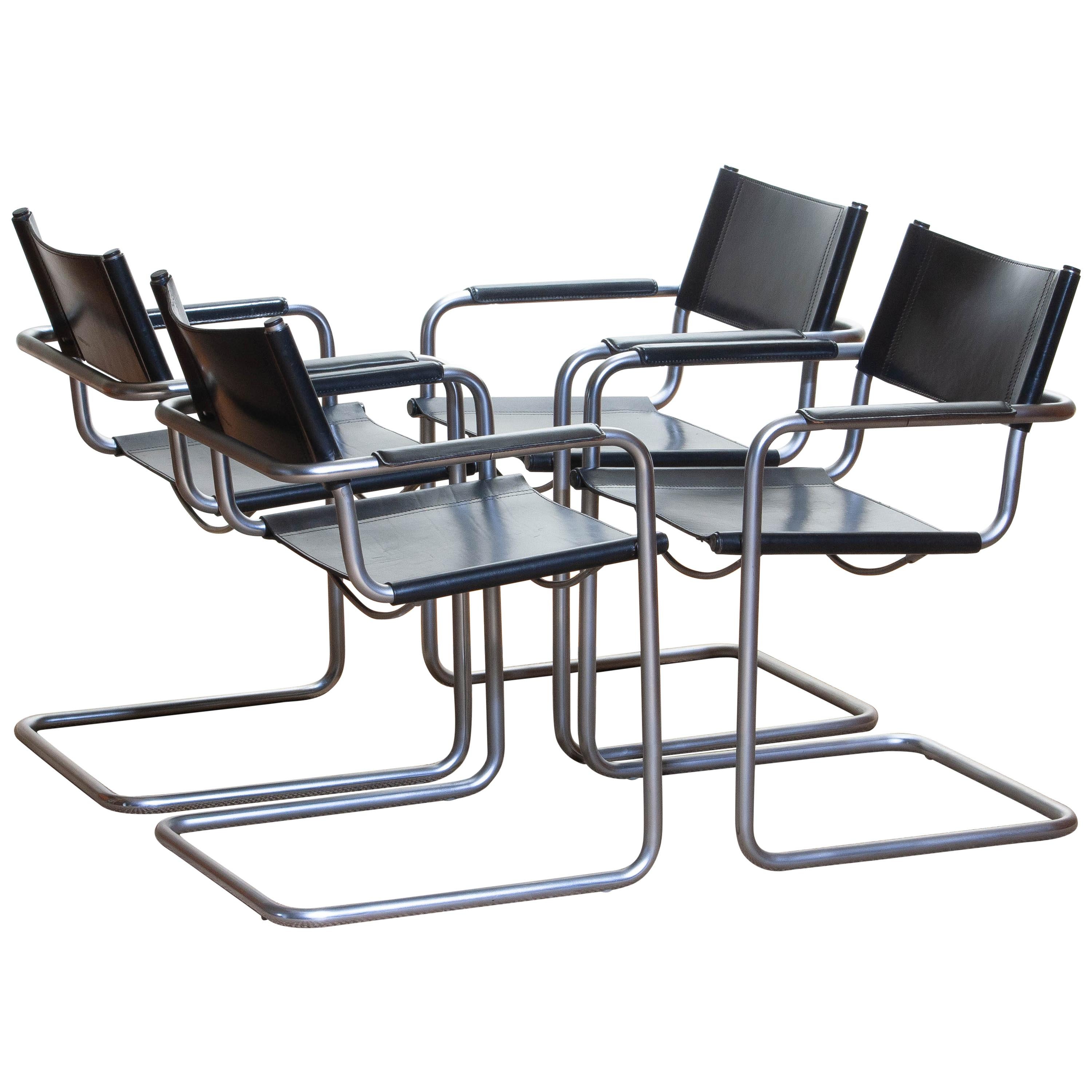1970s, Set of Four MG5 Black Leather Dining / Office Chairs by Matteo Grassi 1