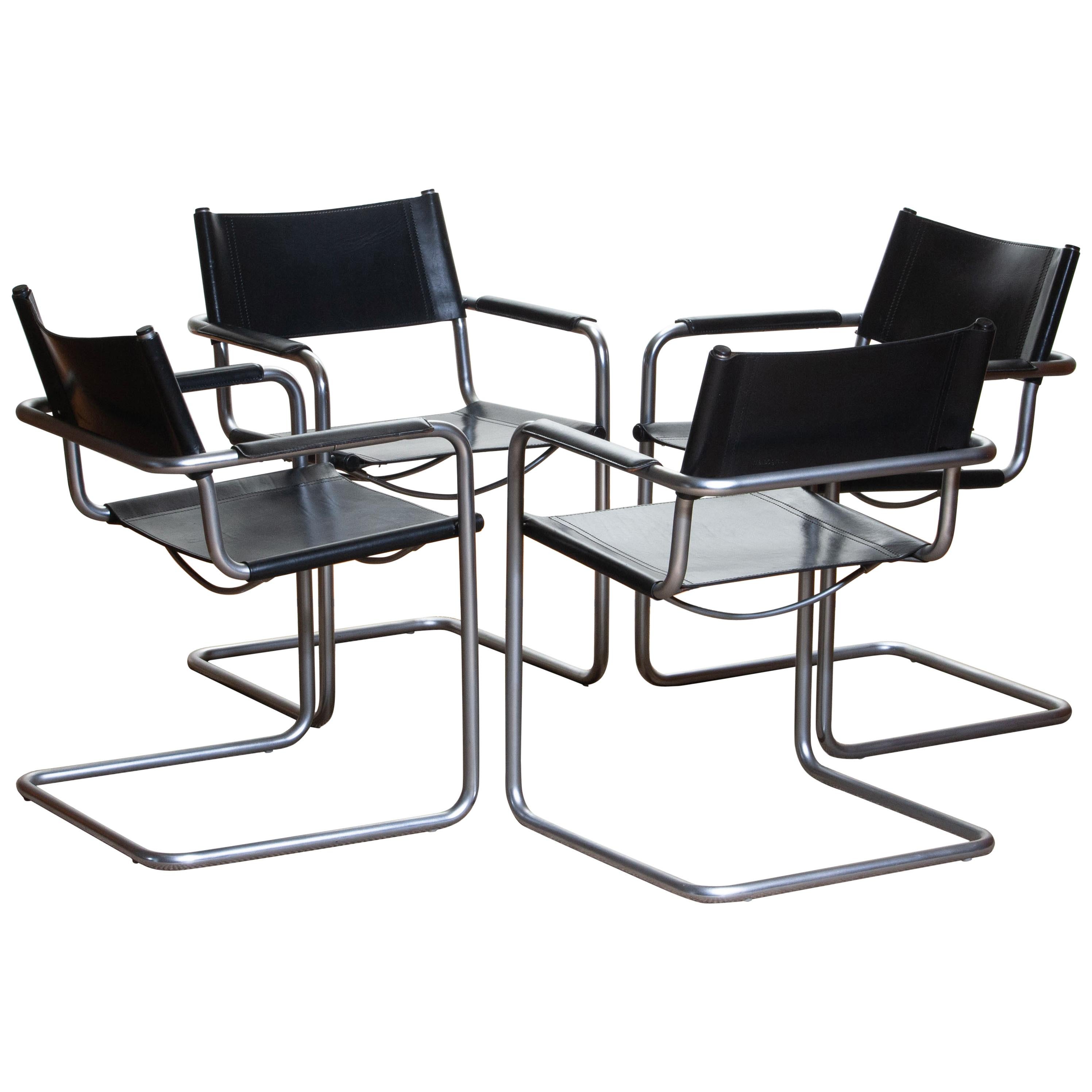 1970s, Set of Four MG5 Black Leather Dining / Office Chairs by Matteo Grassi