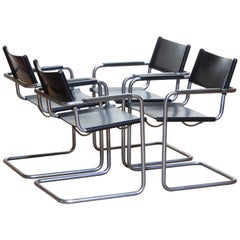 1970s, Set of Four MG5 Black Leather Dining / Office Chairs by Matteo Grassi
