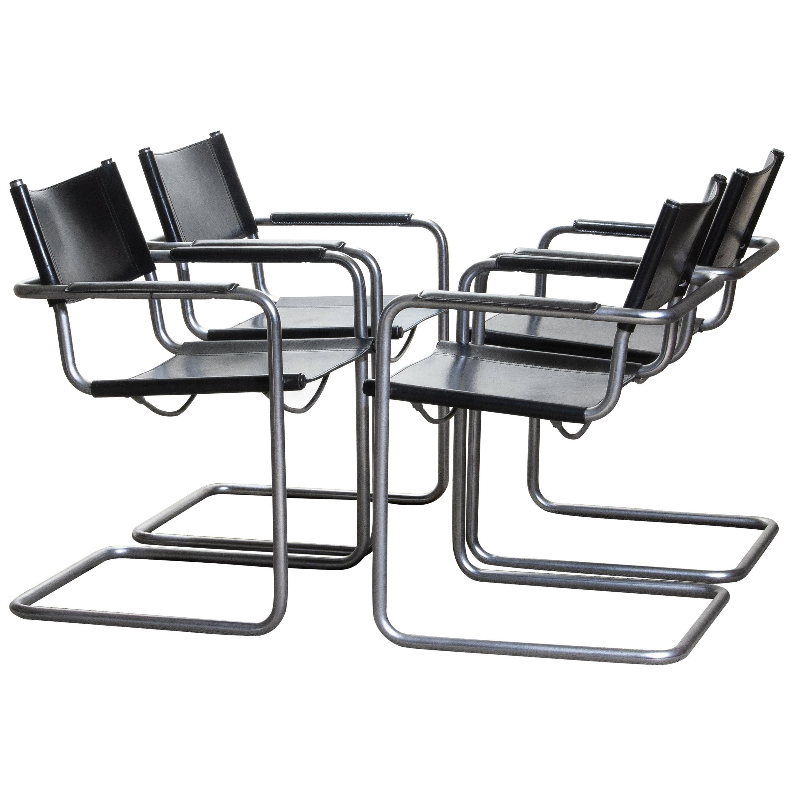 1970s, Set of Four MG5 Black Leather Dining / Office Chairs by Matteo Grassi