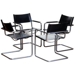 1970s, Set of Four MG5 Black Leather Dining / Office Chairs by Matteo Grassi