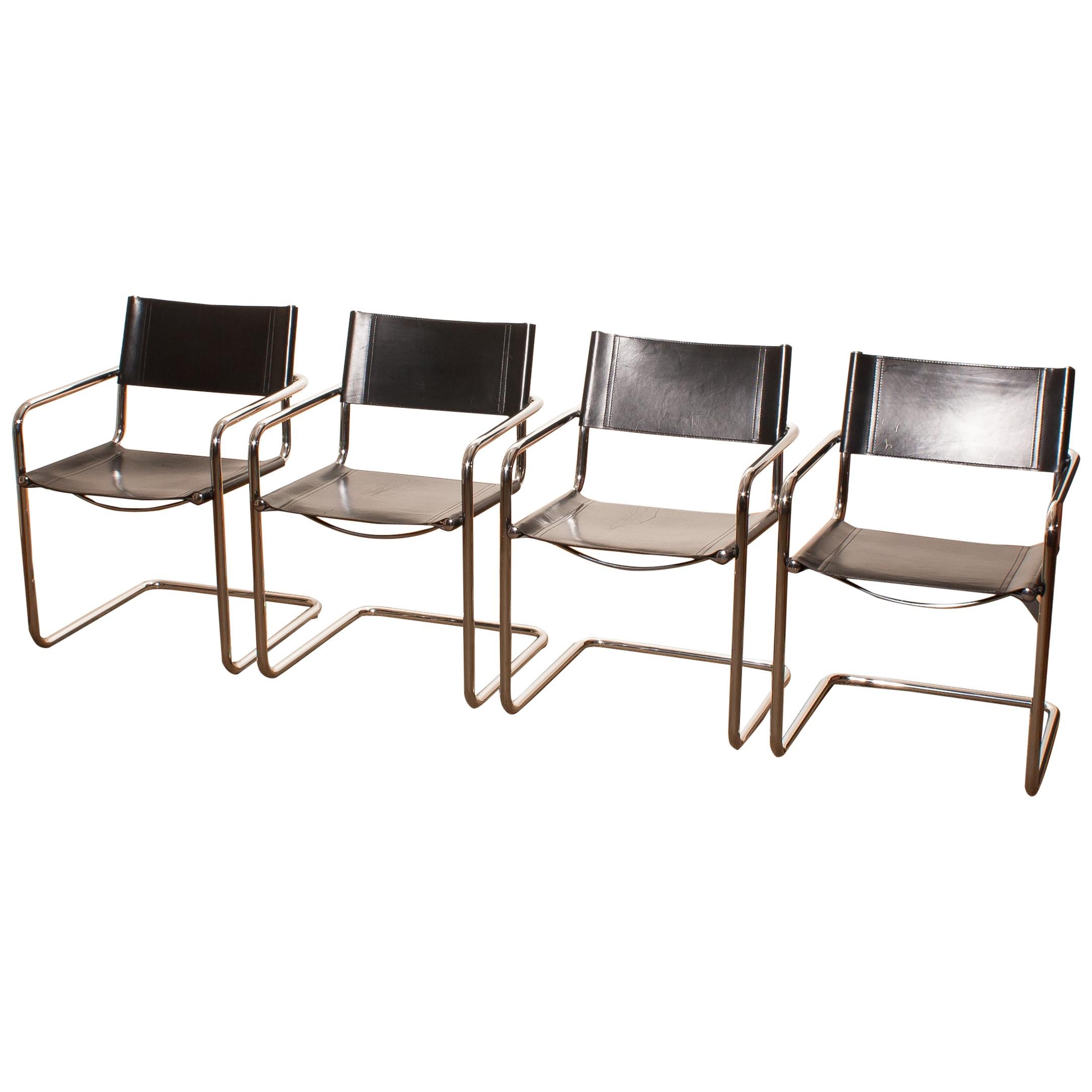 1970s, Set of Four MG5 Black Leather Dining / Office Chairs by Matteo Grassi