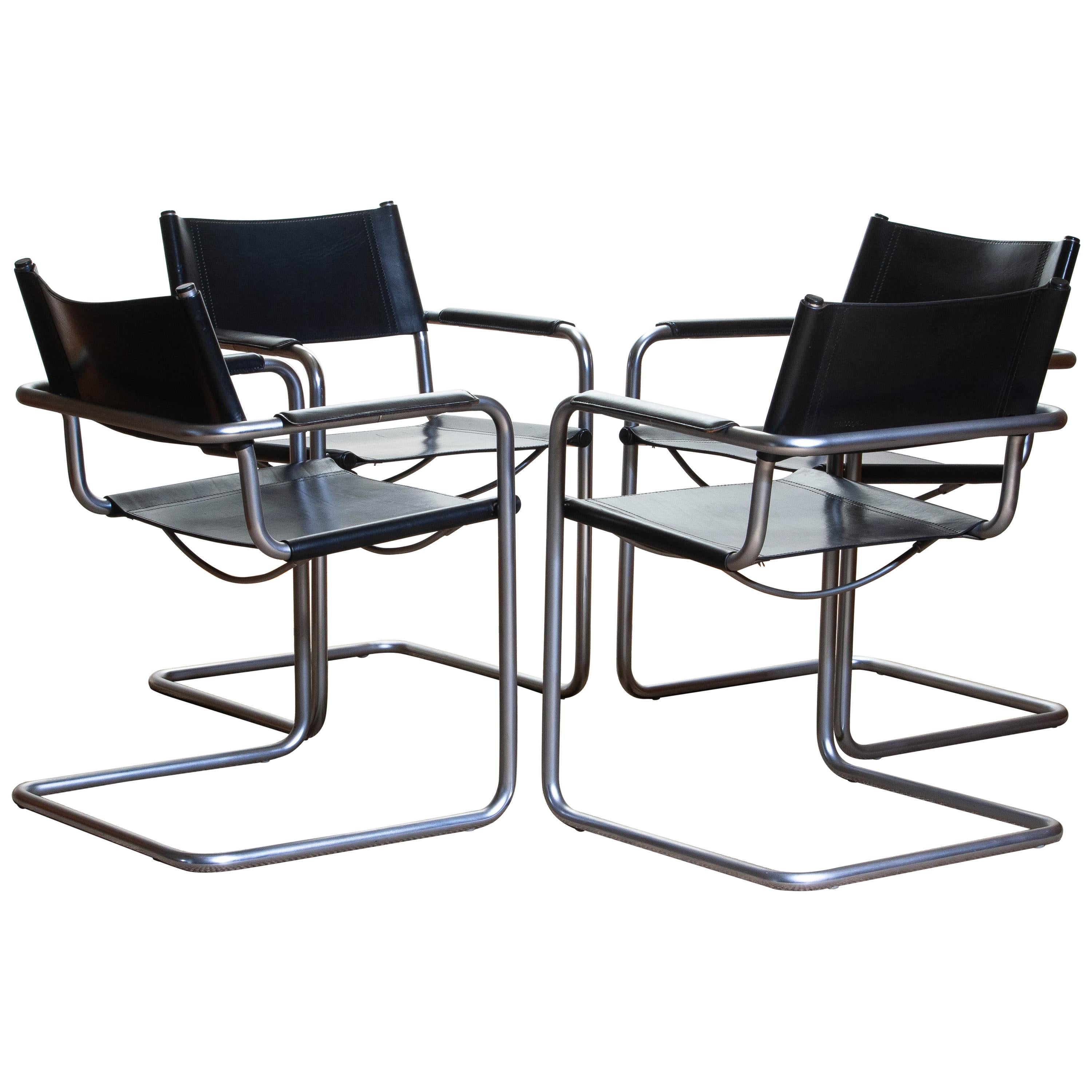 Mid-Century Modern 1970s, Set of Four MG5 Black Leather Dining or Office Chairs by Matteo Grassi