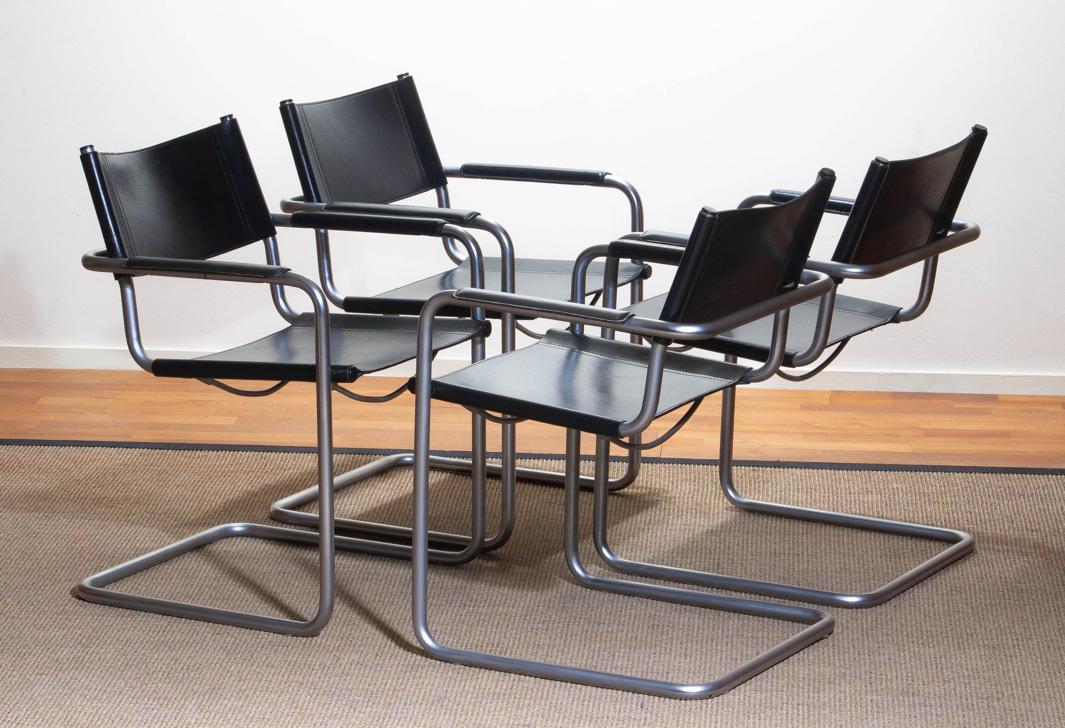 Italian 1970s, Set of Four Mg5 Black Leather Dining or Office Chairs by Matteo Grassi