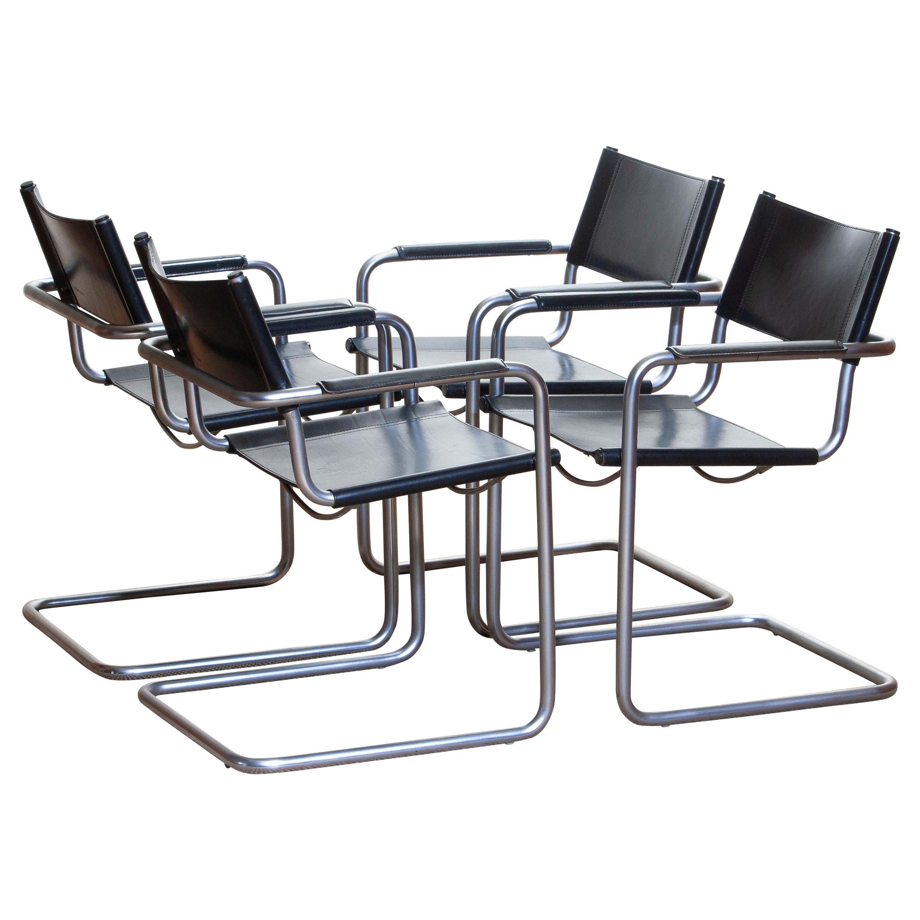 Italian 1970s, Set of Four Mg5 Black Leather Dining or Office Chairs by Matteo Grassi