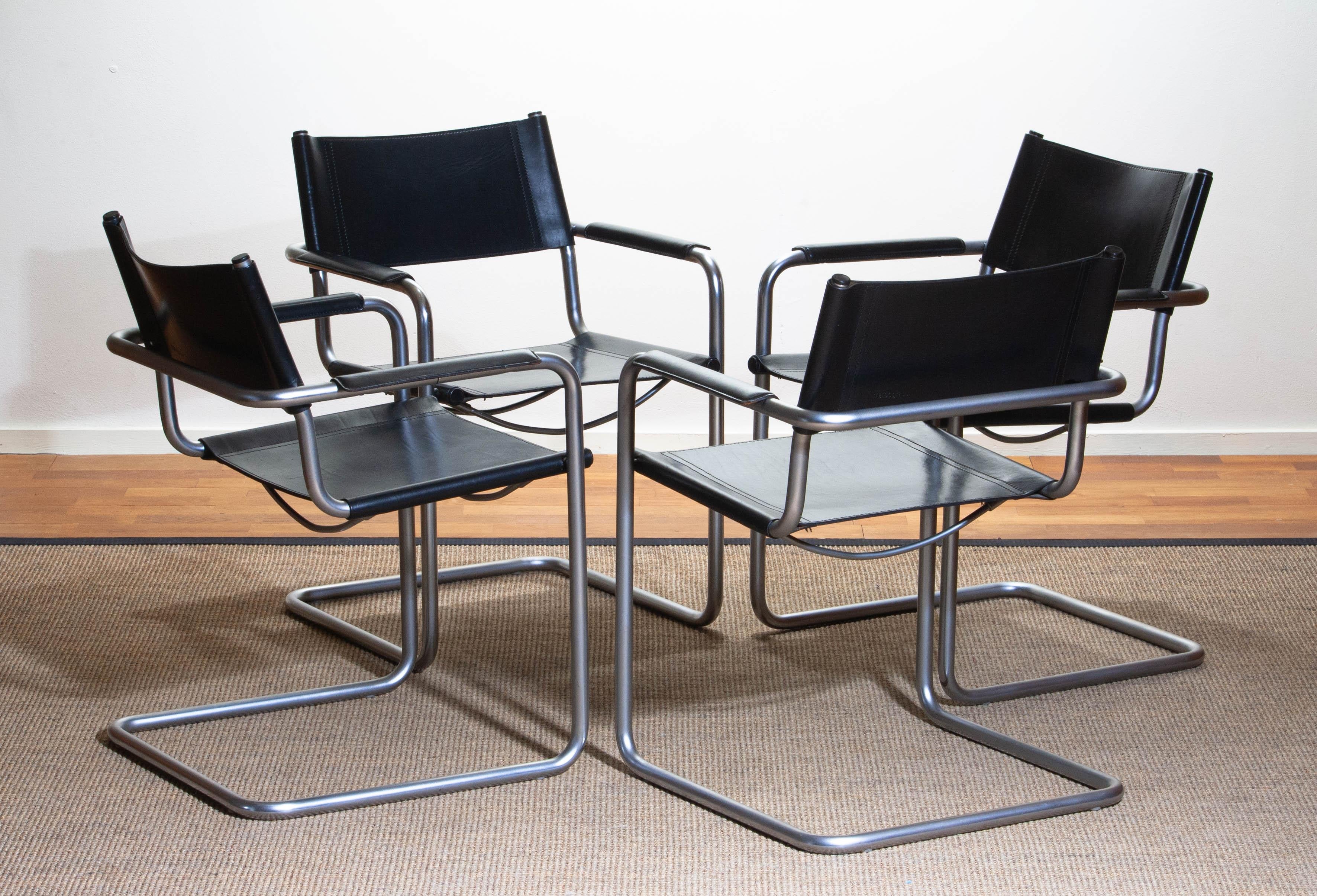 1970s, Set of Four Mg5 Black Leather Dining or Office Chairs by Matteo Grassi 3