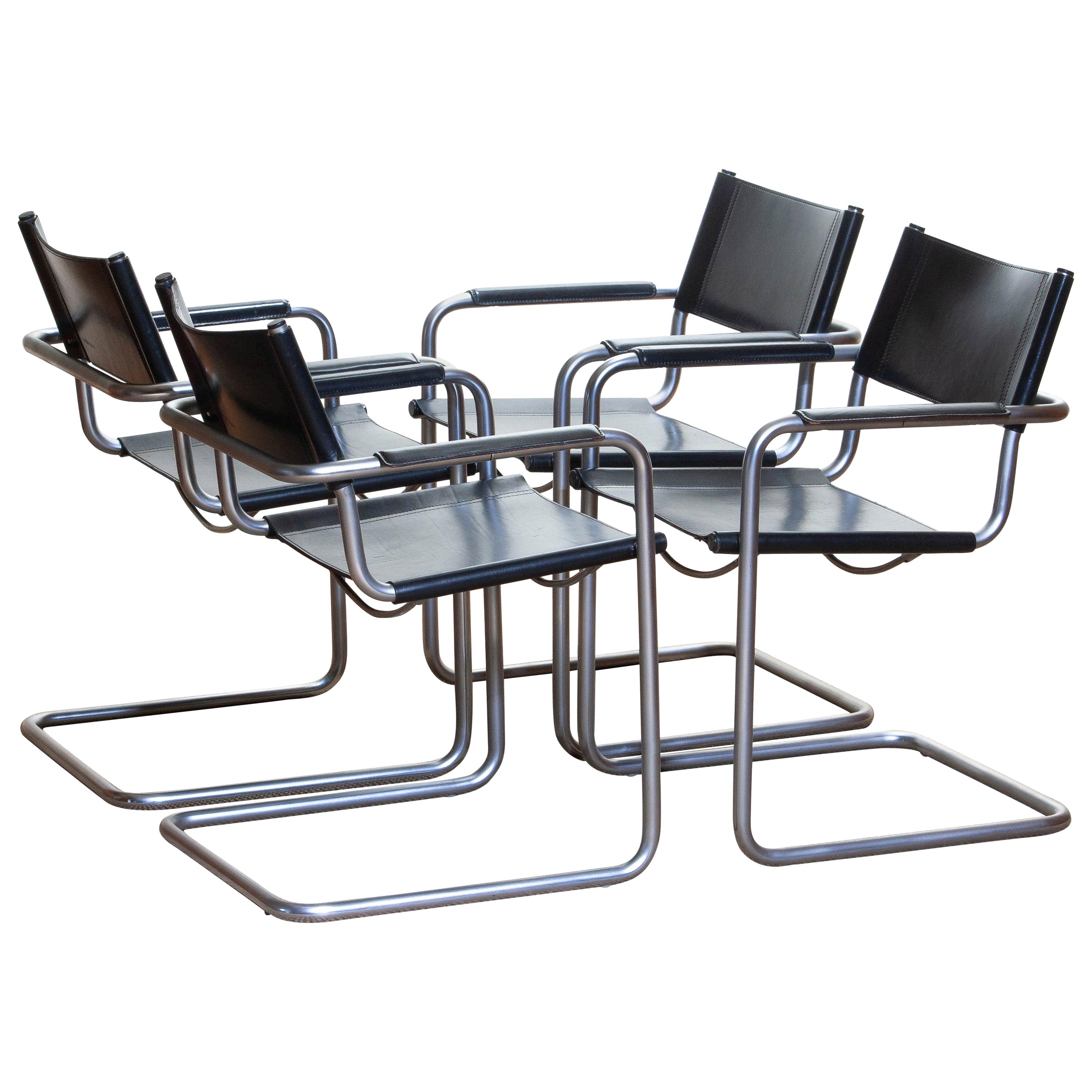 1970s, Set of Four MG5 Black Leather Dining or Office Chairs by Matteo Grassi