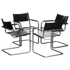 1970s, Set of Four Mg5 Black Leather Dining or Office Chairs by Matteo Grassi