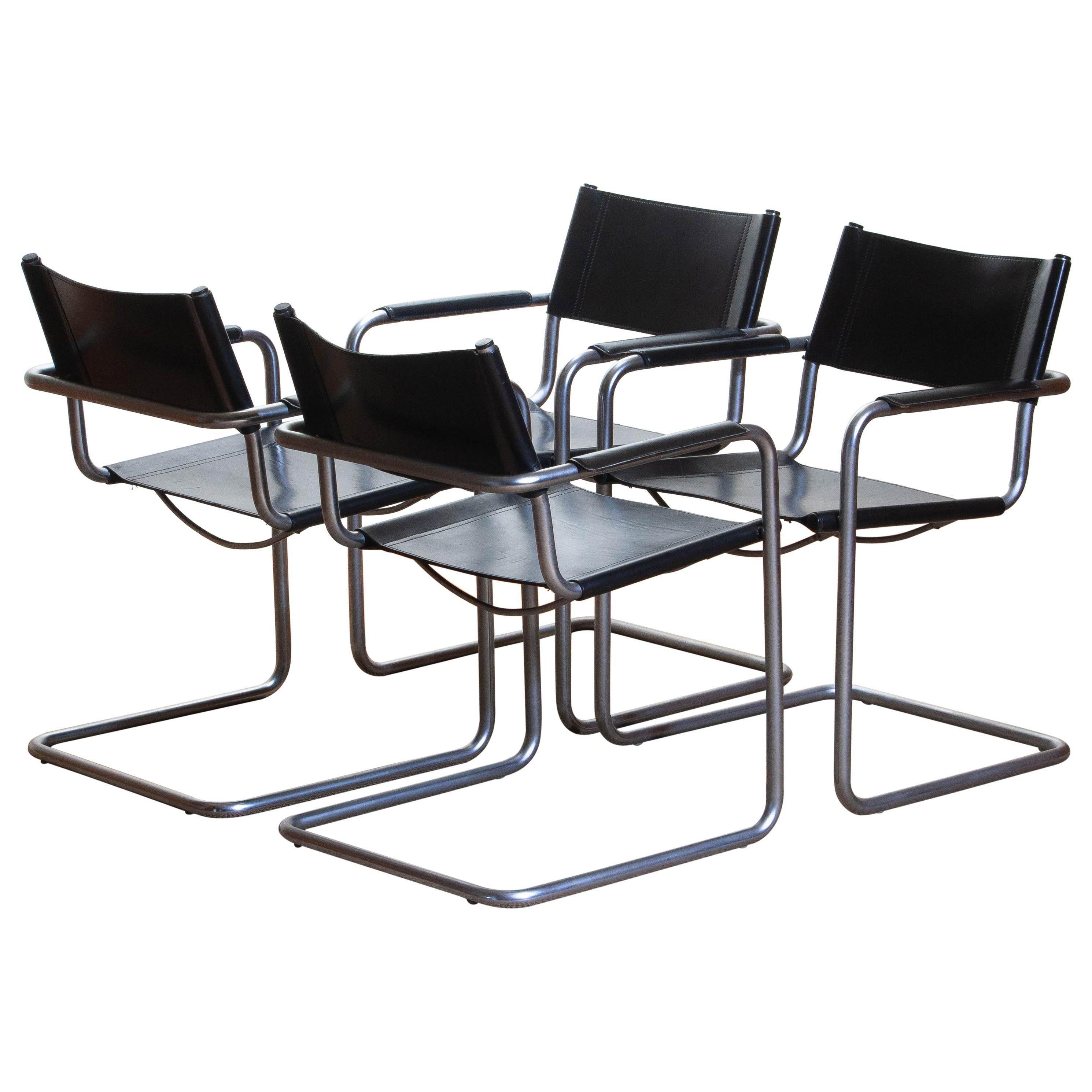 1970s, Set of Four Mg5 Black Leather Dining or Office Chairs by Matteo Grassi