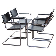 1970s, Set of Four Mg5 Black Leather Dining or Office Chairs by Matteo Grassi
