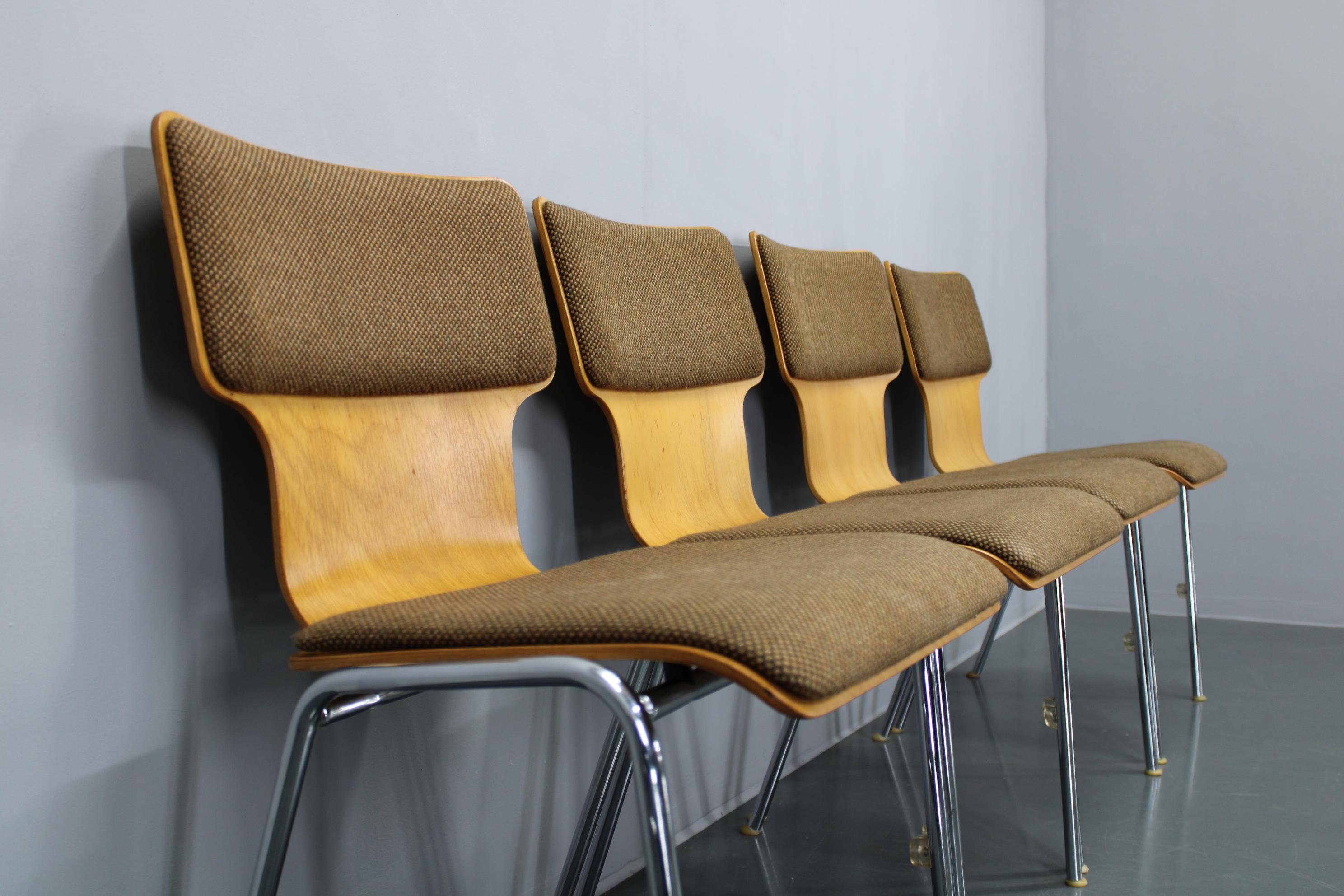 Mid-Century Modern 1970s Set of Four Plywood Chairs with Fabric Upholstery , Germany For Sale
