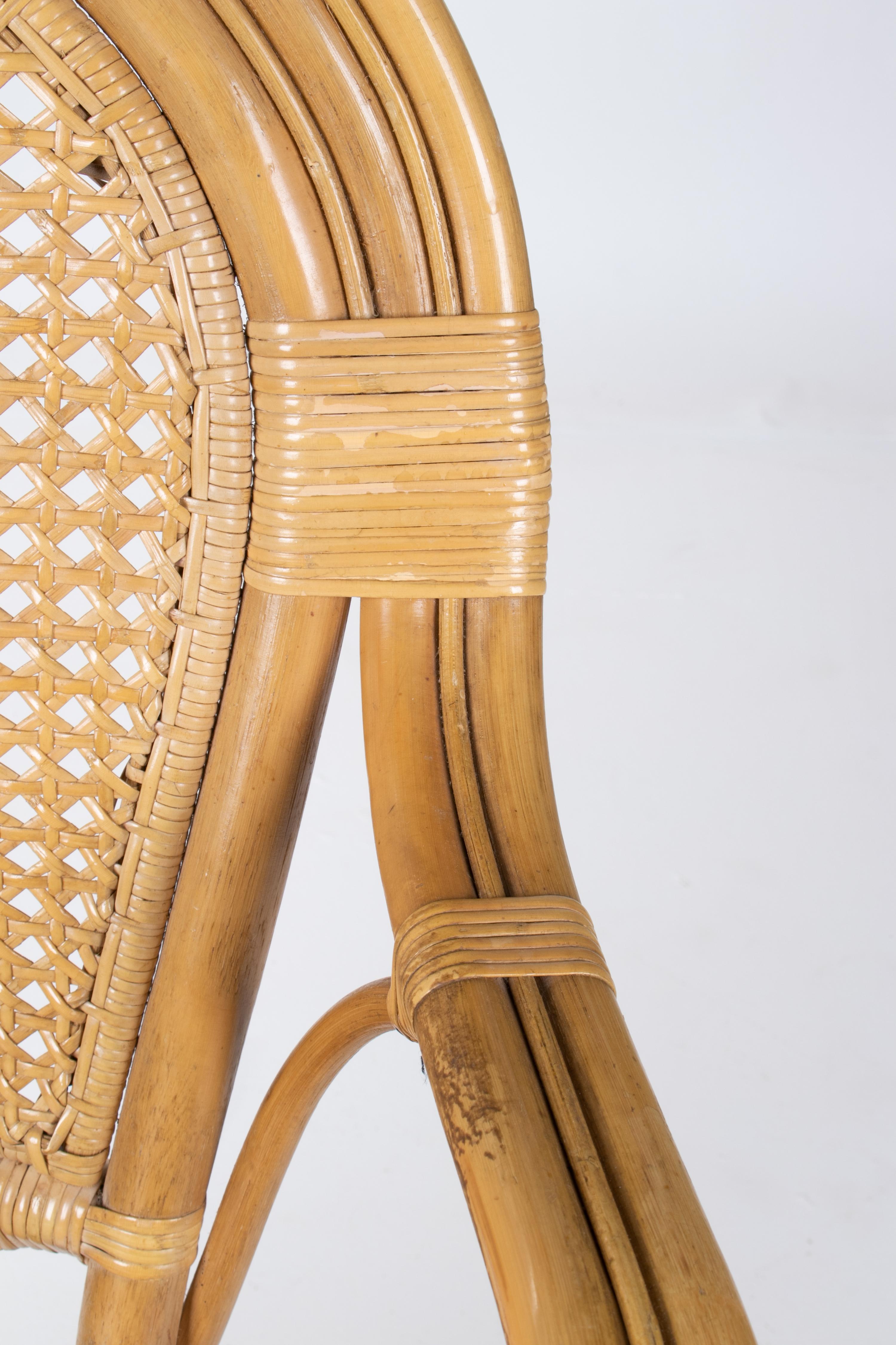 1970s Set of Four Spanish Bamboo and Wicker Armchairs For Sale 6