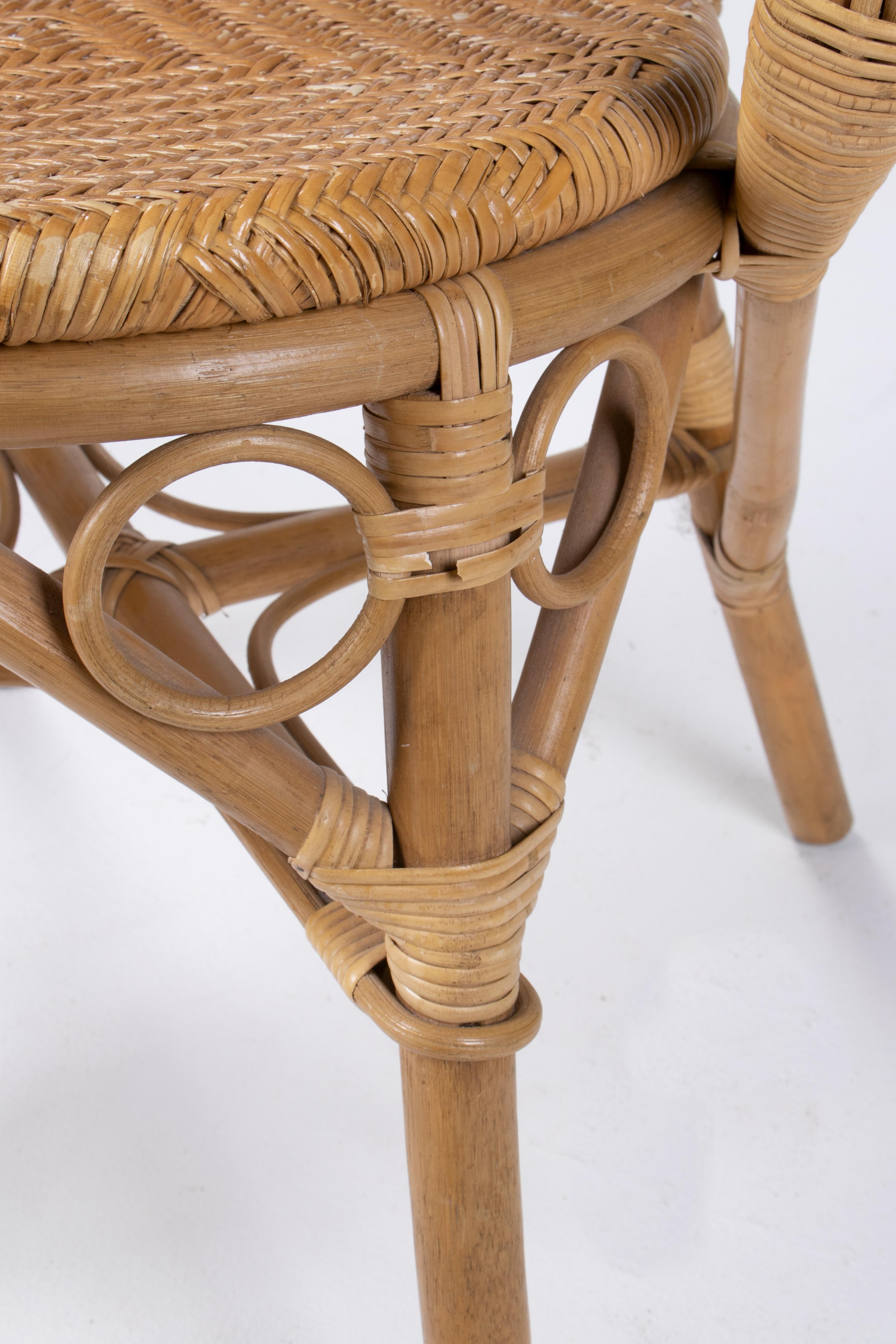 1970s Set of Four Spanish Bamboo and Wicker Armchairs For Sale 8