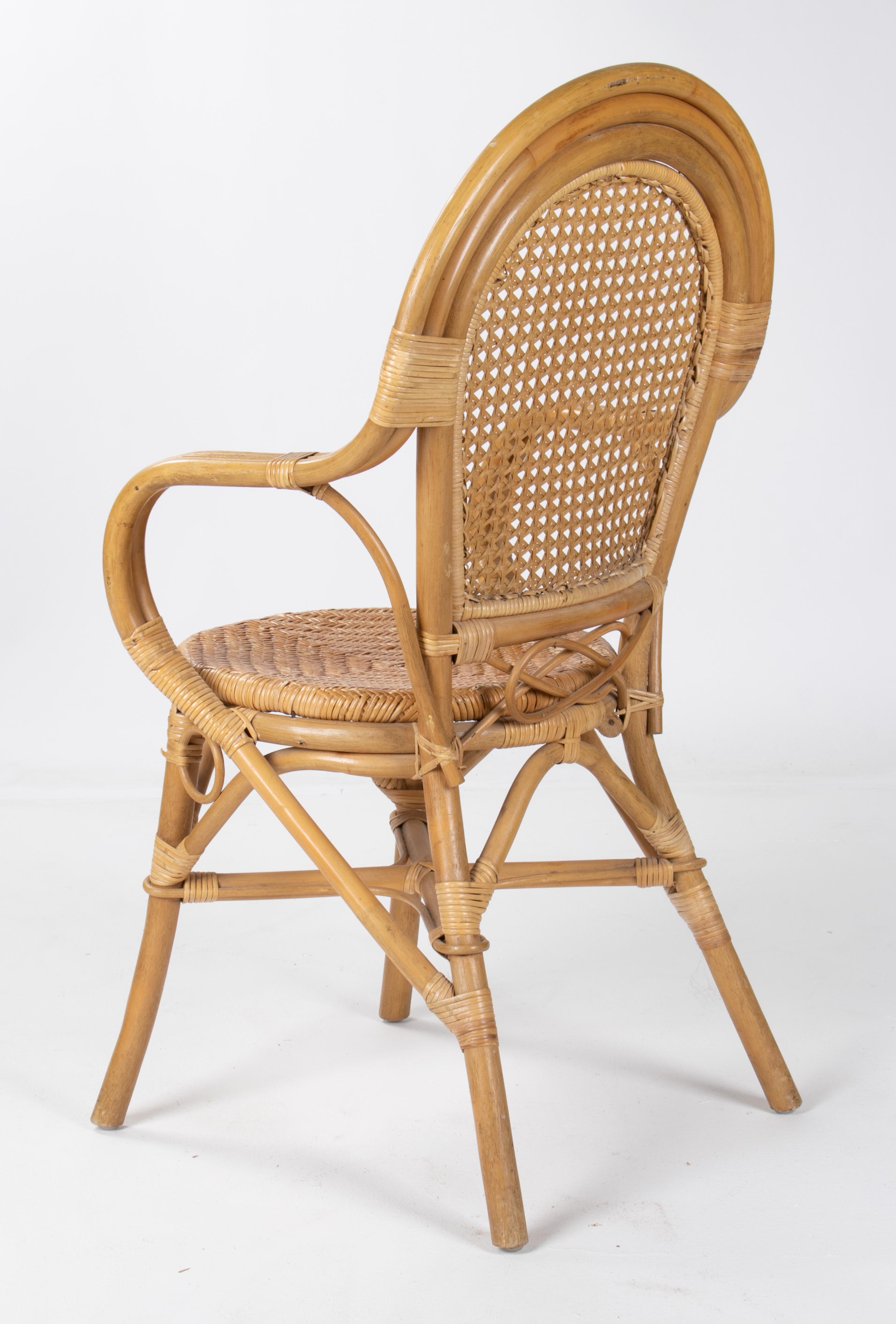 20th Century 1970s Set of Four Spanish Bamboo and Wicker Armchairs For Sale