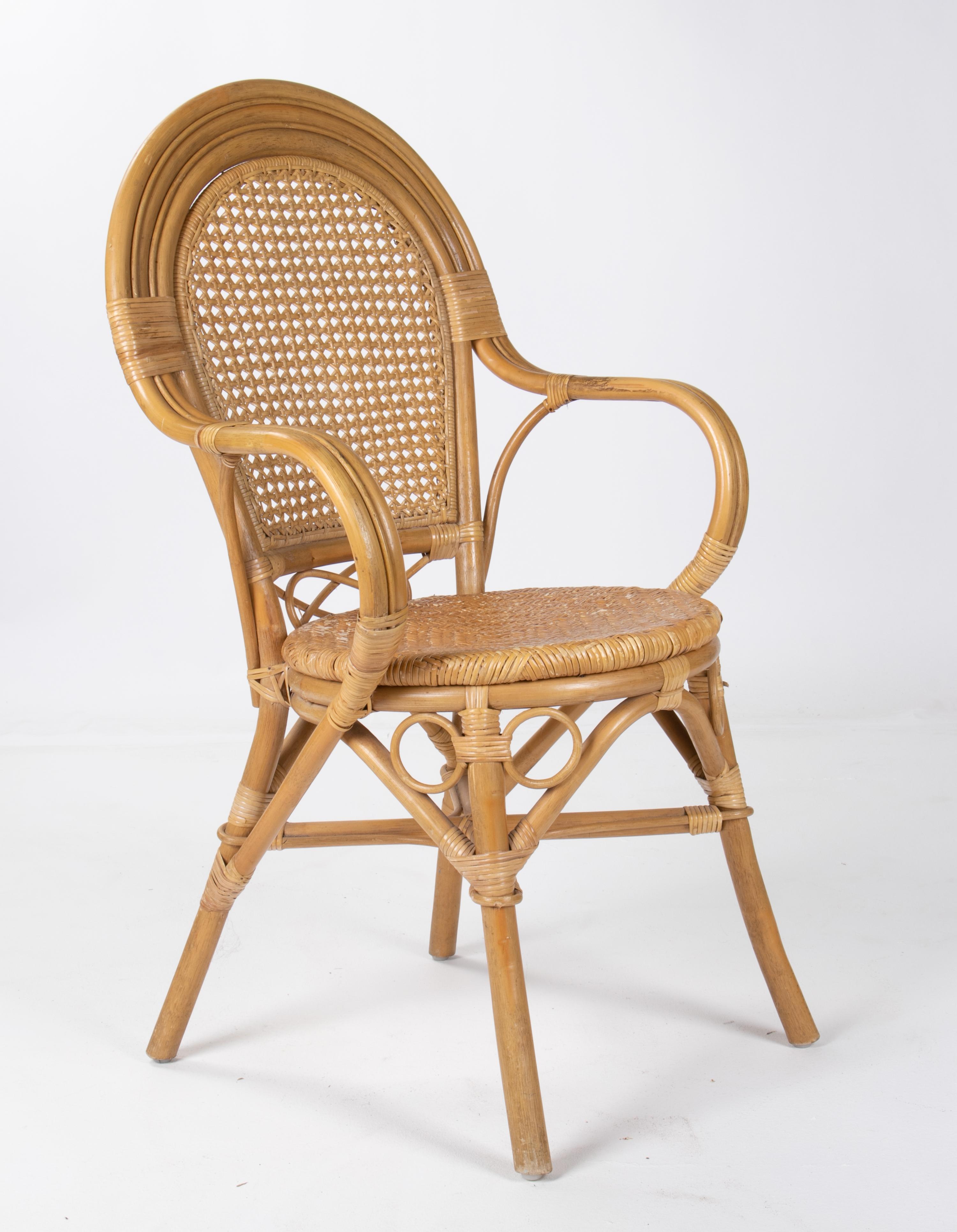 1970s Set of Four Spanish Bamboo and Wicker Armchairs For Sale 2