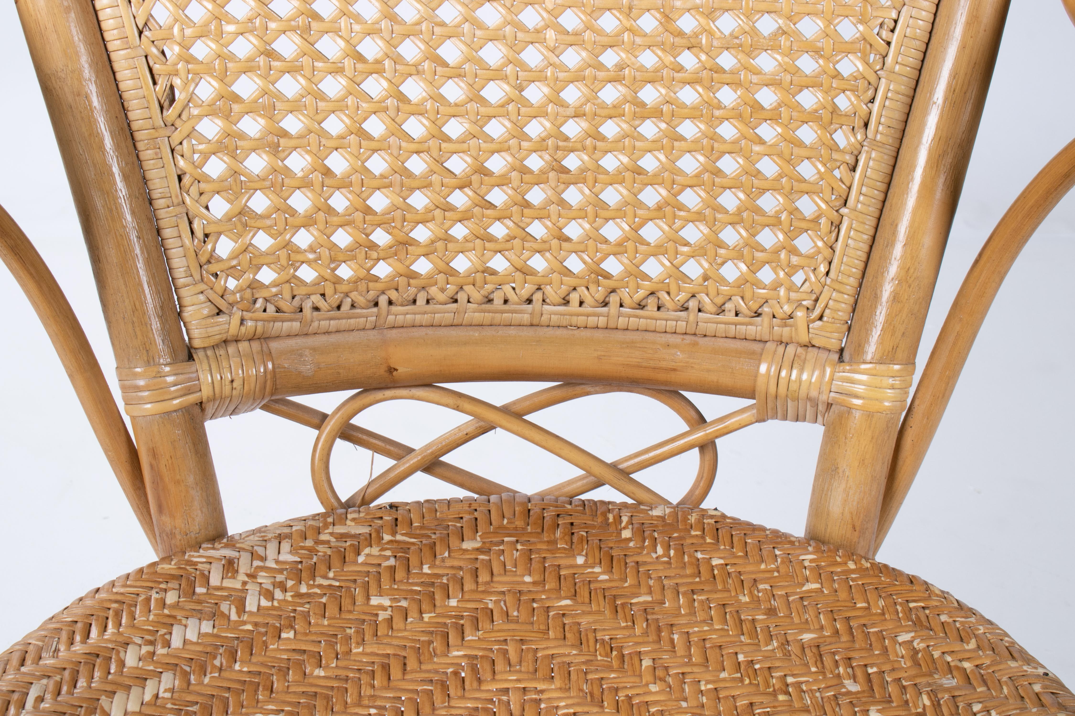 1970s Set of Four Spanish Bamboo and Wicker Armchairs For Sale 5