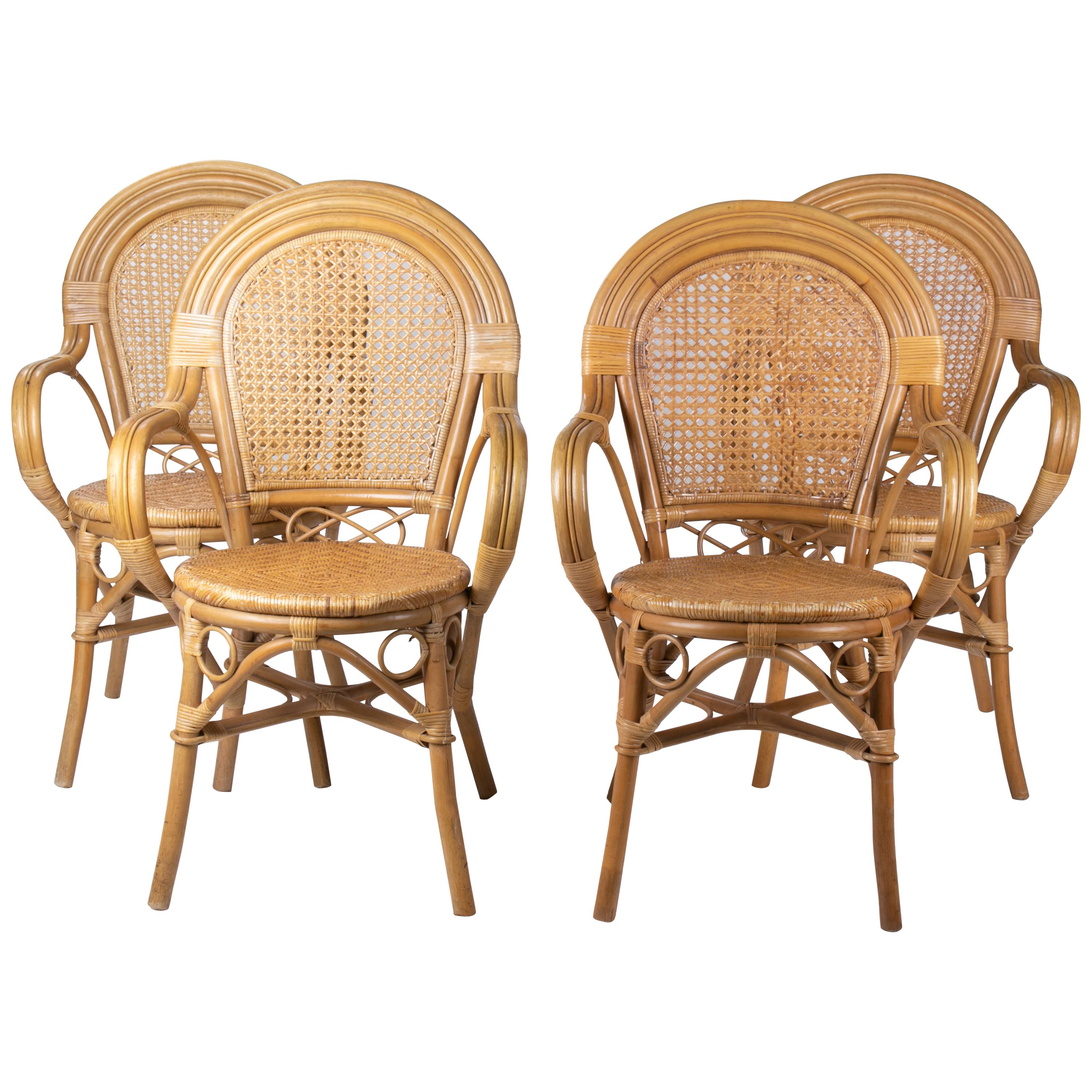 1970s Set of Four Spanish Bamboo and Wicker Armchairs