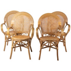 Vintage 1970s Set of Four Spanish Bamboo and Wicker Armchairs