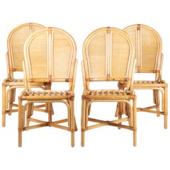 1970s Set of Four Spanish Bamboo and Wicker Chairs