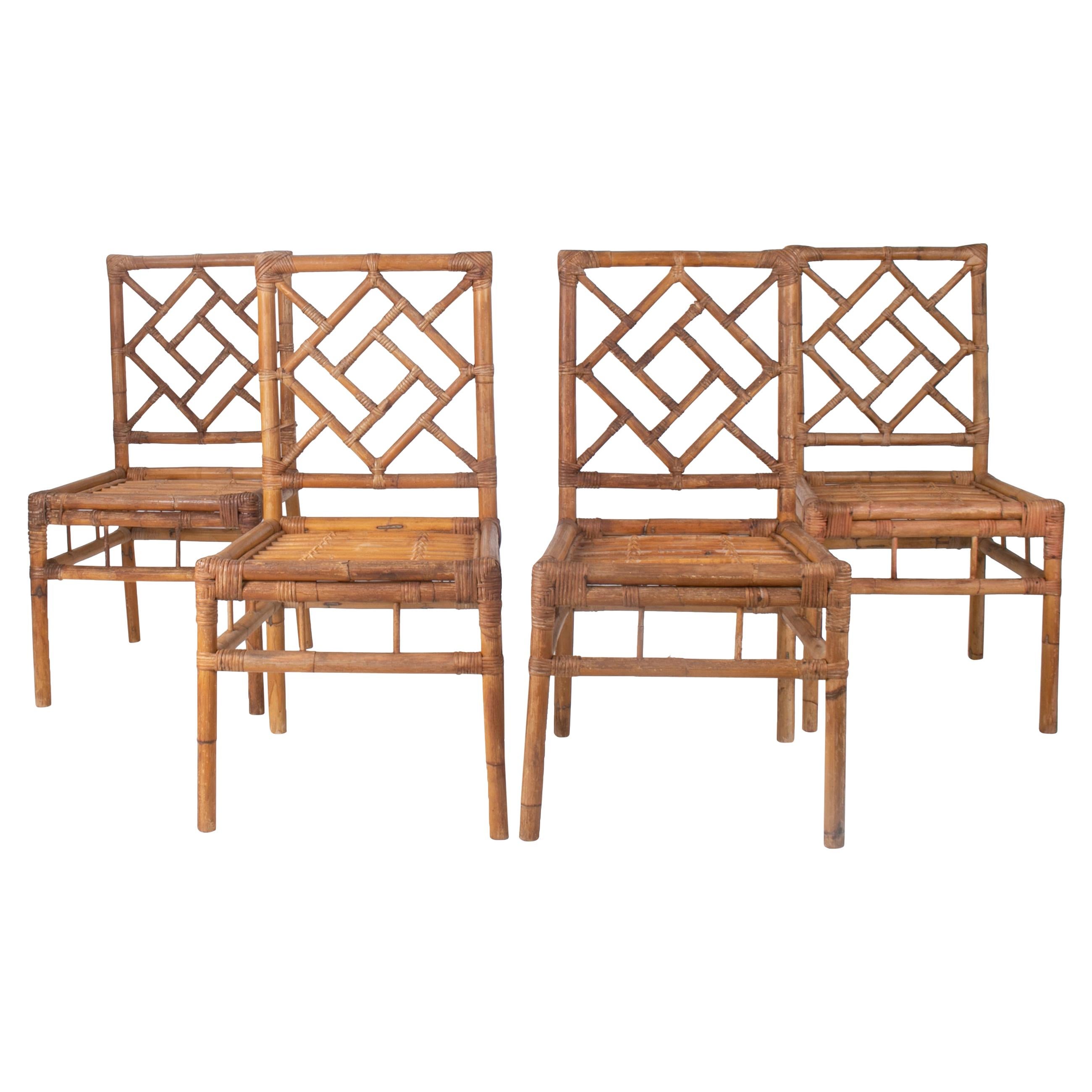 1970s Set of Four Spanish Bamboo and Wicker Chairs